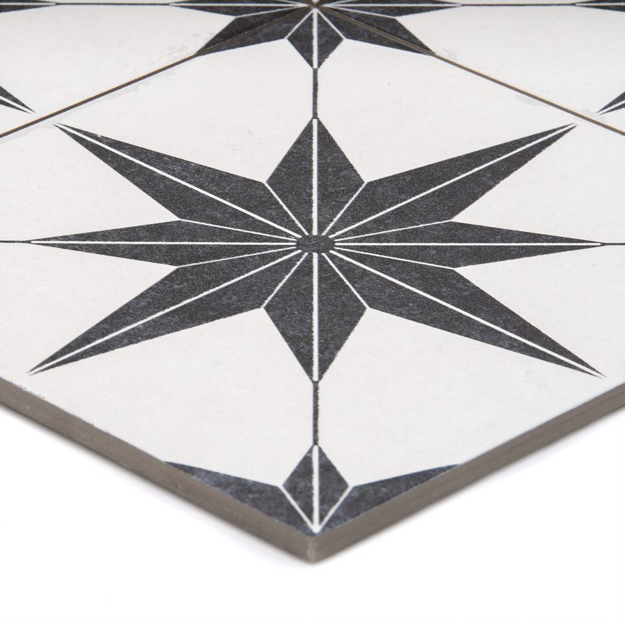 Etoile White & Black Matt Patterned Distressed effect Porcelain Wall & floor Tile, Pack of 7, (L)450mm (W)450mm