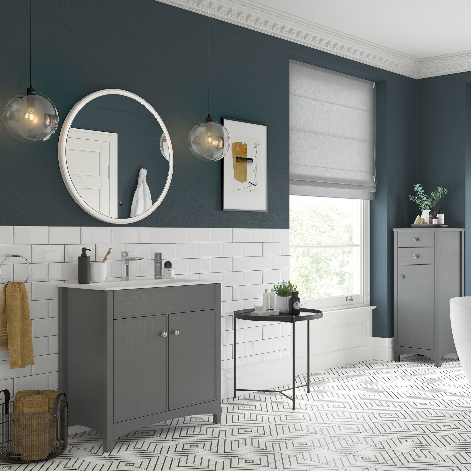 Exbury Tall Grey Ash Woodgrain effect Single Freestanding Bathroom Cabinet with 2 Drawers (H)118cm (W)46.5cm