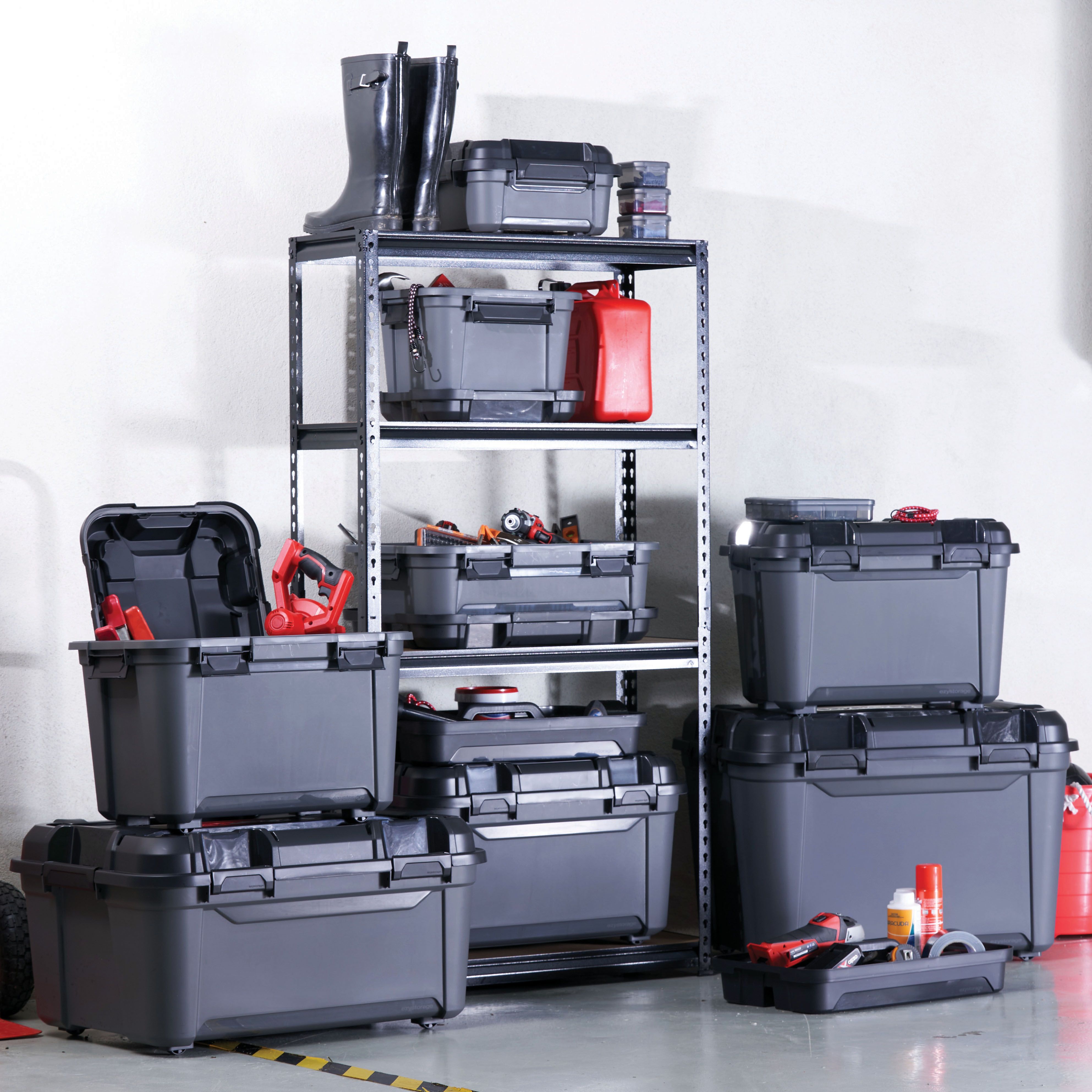 Ezy Storage Bunker tough Heavy duty Black 31L Medium Stackable Wheeled Storage box with Lid