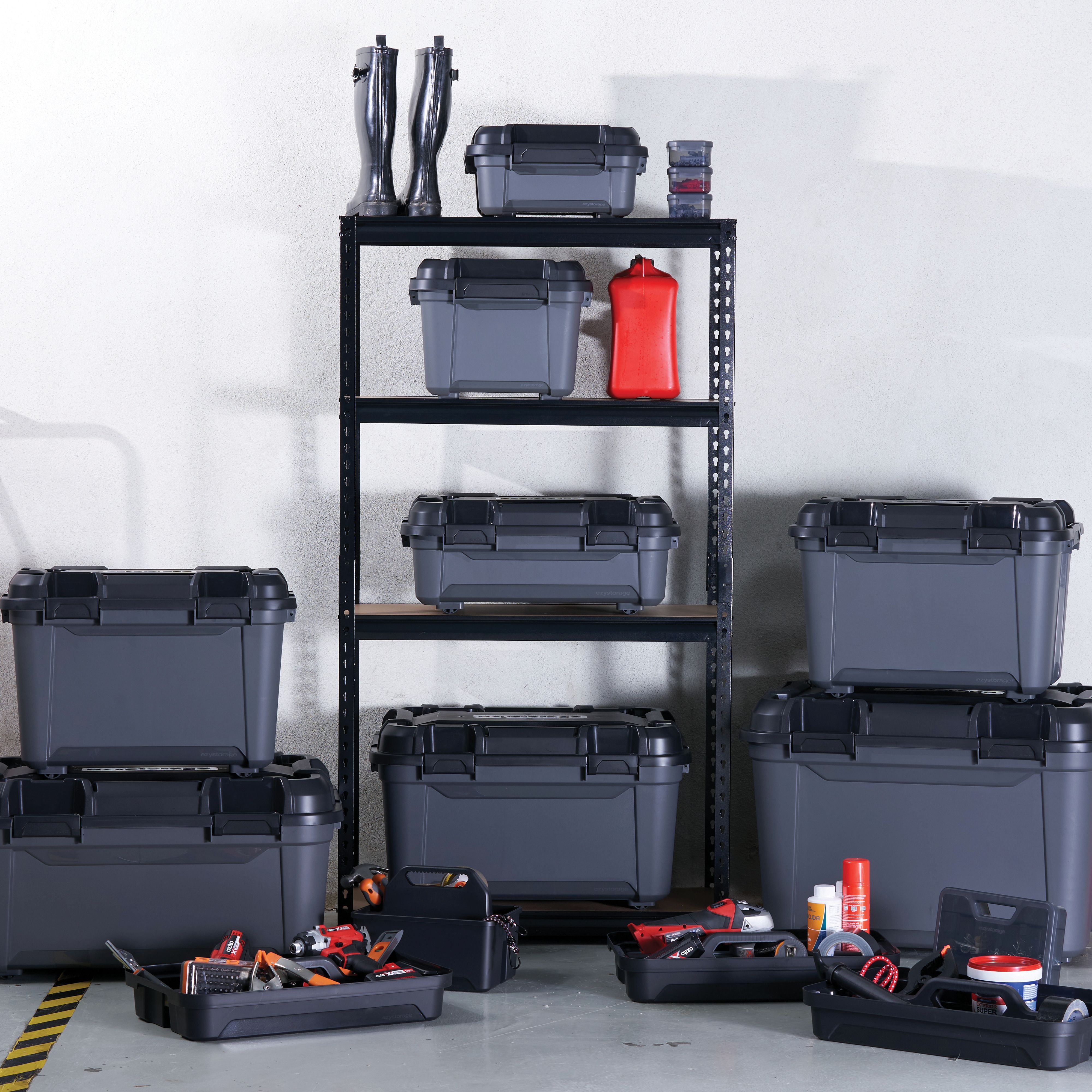 Ezy Storage Bunker tough Heavy duty Black 31L Medium Stackable Wheeled Storage box with Lid