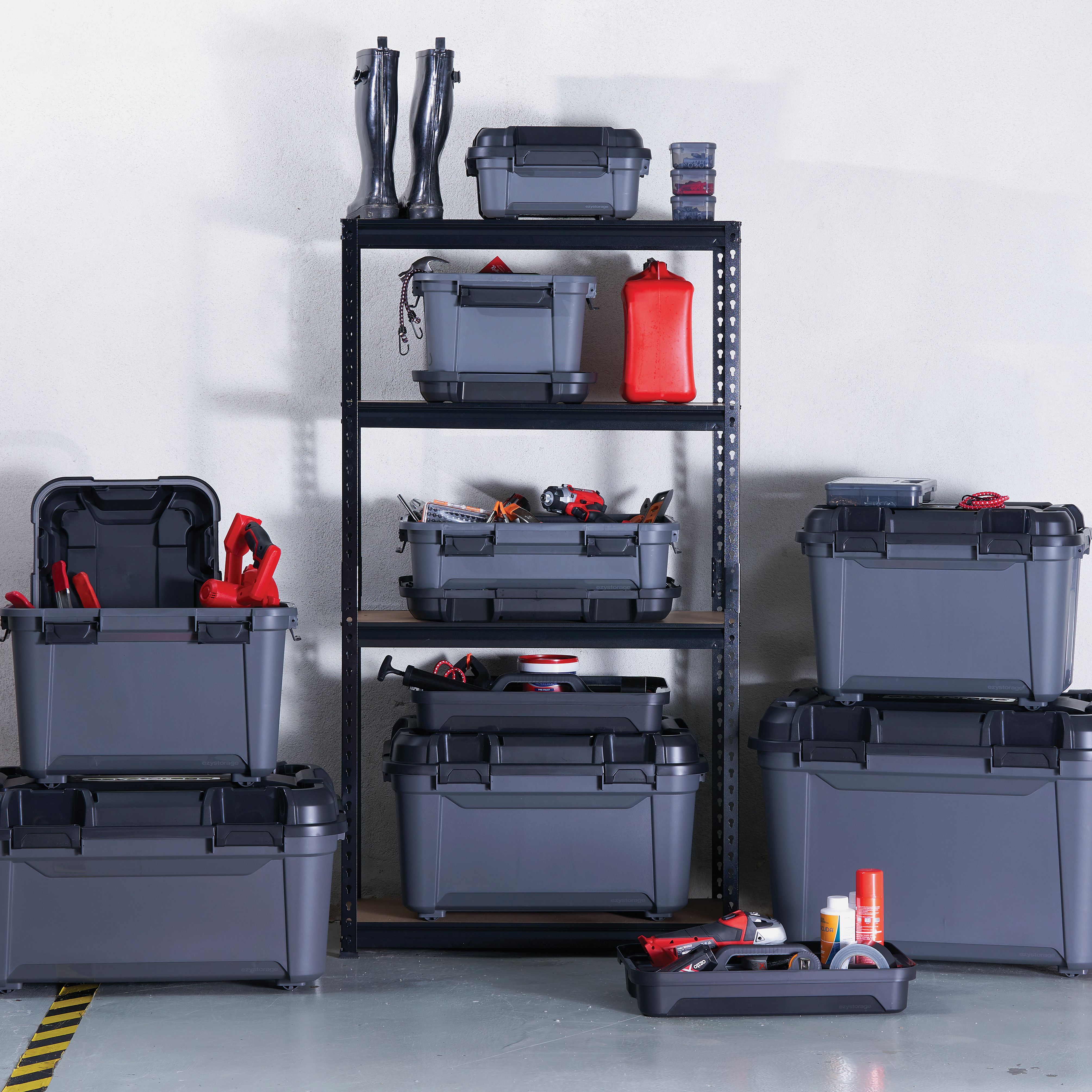Ezy Storage Bunker tough Heavy duty Black 31L Medium Stackable Wheeled Storage box with Lid