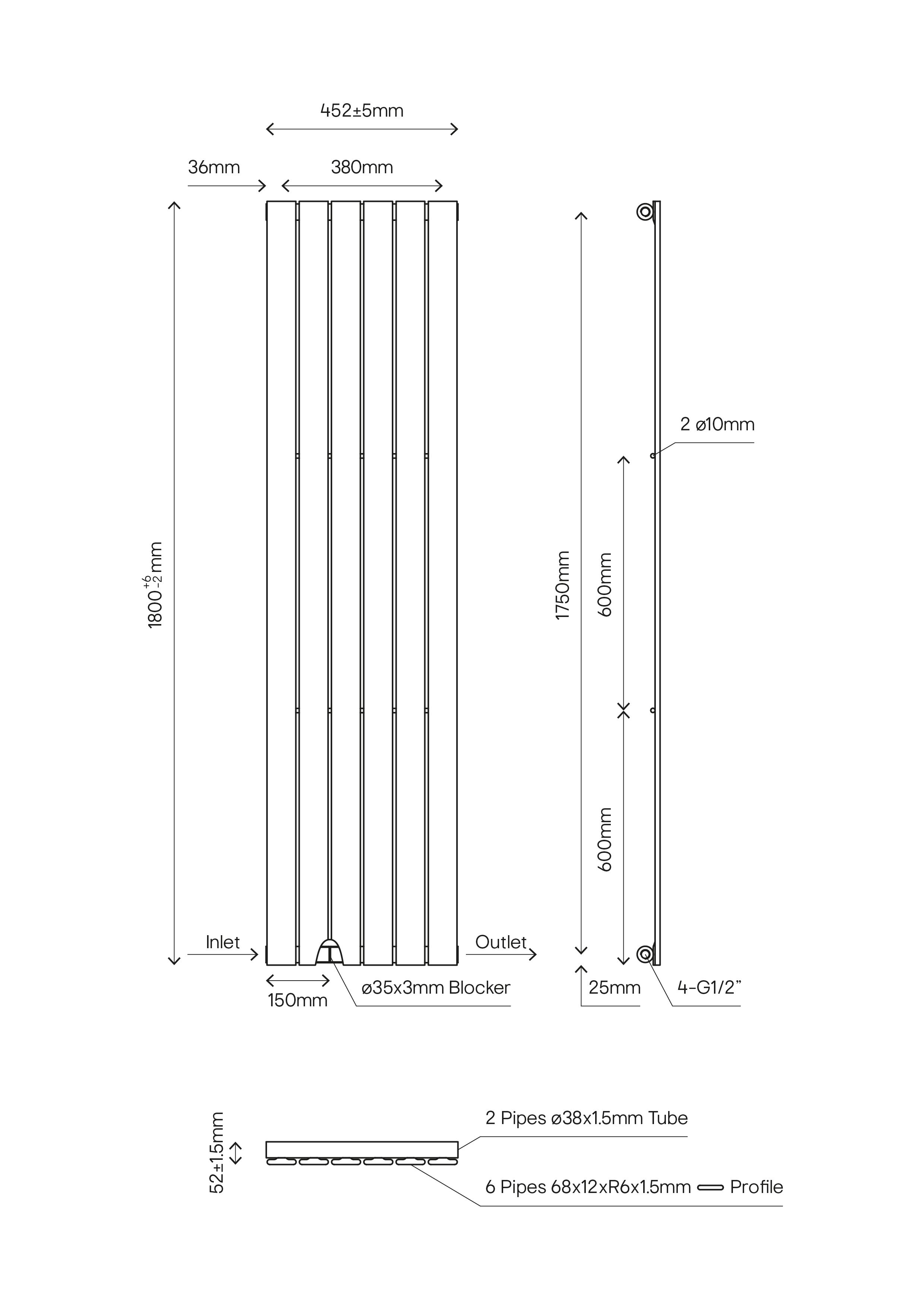 Faringdon White Vertical Designer Radiator, (W)452mm x (H)1800mm