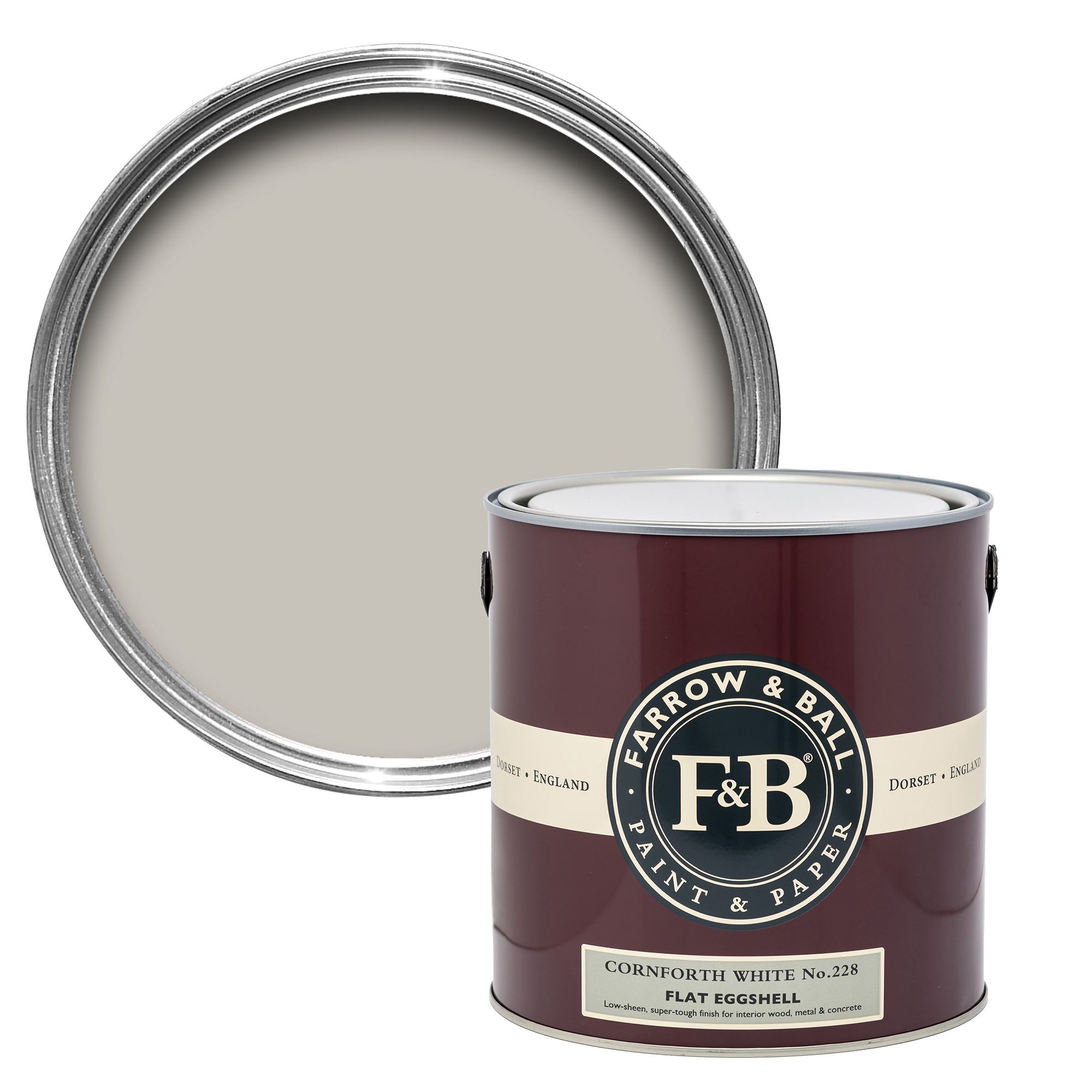 Farrow & Ball Cornforth White No.228 Flat eggshell Multi-surface Topcoat Paint, 2.5L Tin
