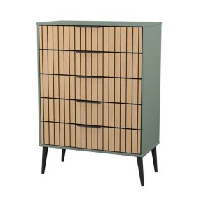 Fiji Ready assembled Green & oak 5 Drawer Chest (H)1089mm (W)765mm (D)395mm