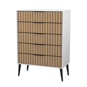 Fiji Ready assembled White & oak 5 Drawer Chest (H)1089mm (W)765mm (D)395mm