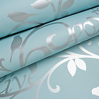 Fine Décor Live, love, laugh Teal Mica effect Smooth Wallpaper
