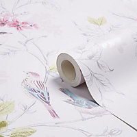 Fine Décor Lottie Mauve Trees with birds Mica effect Smooth Wallpaper