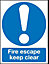 Fire escape keep clear Plastic Safety sign, (H)200mm (W)150mm