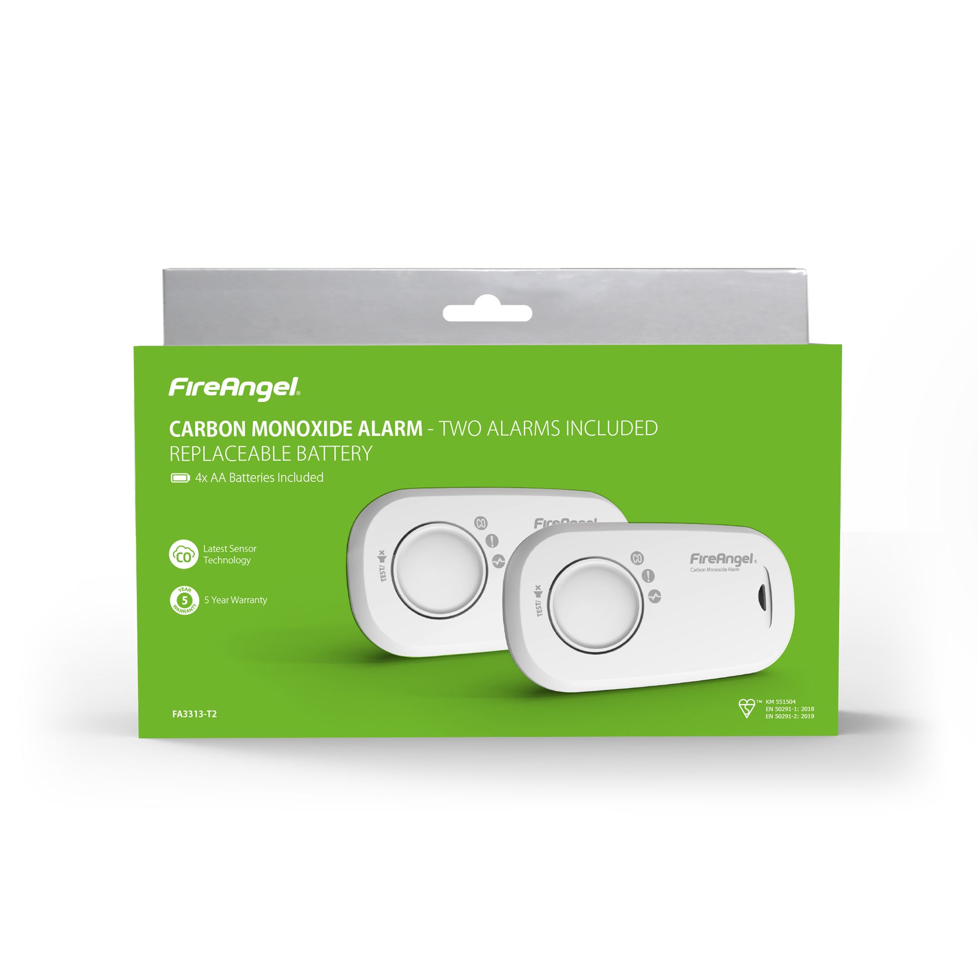 FireAngel FA3313-T2 Carbon monoxide Alarm with Replaceable battery, Pack of 2
