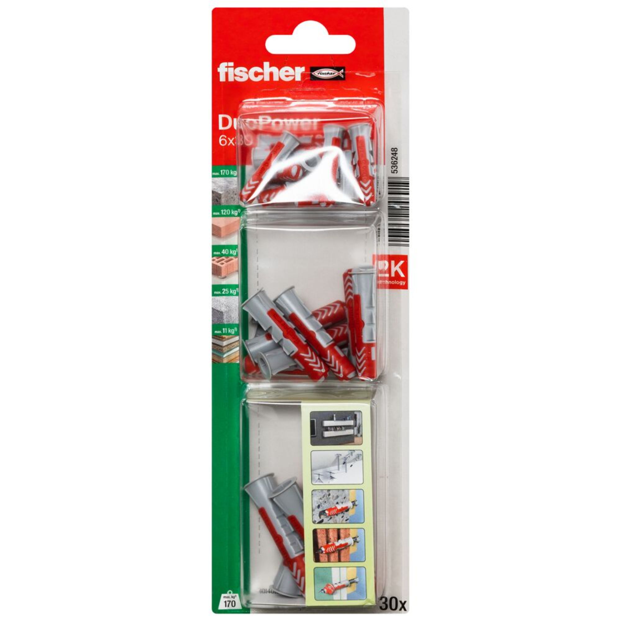 Fischer DuoPower Grey & red Nylon Wall plug, 30 pieces