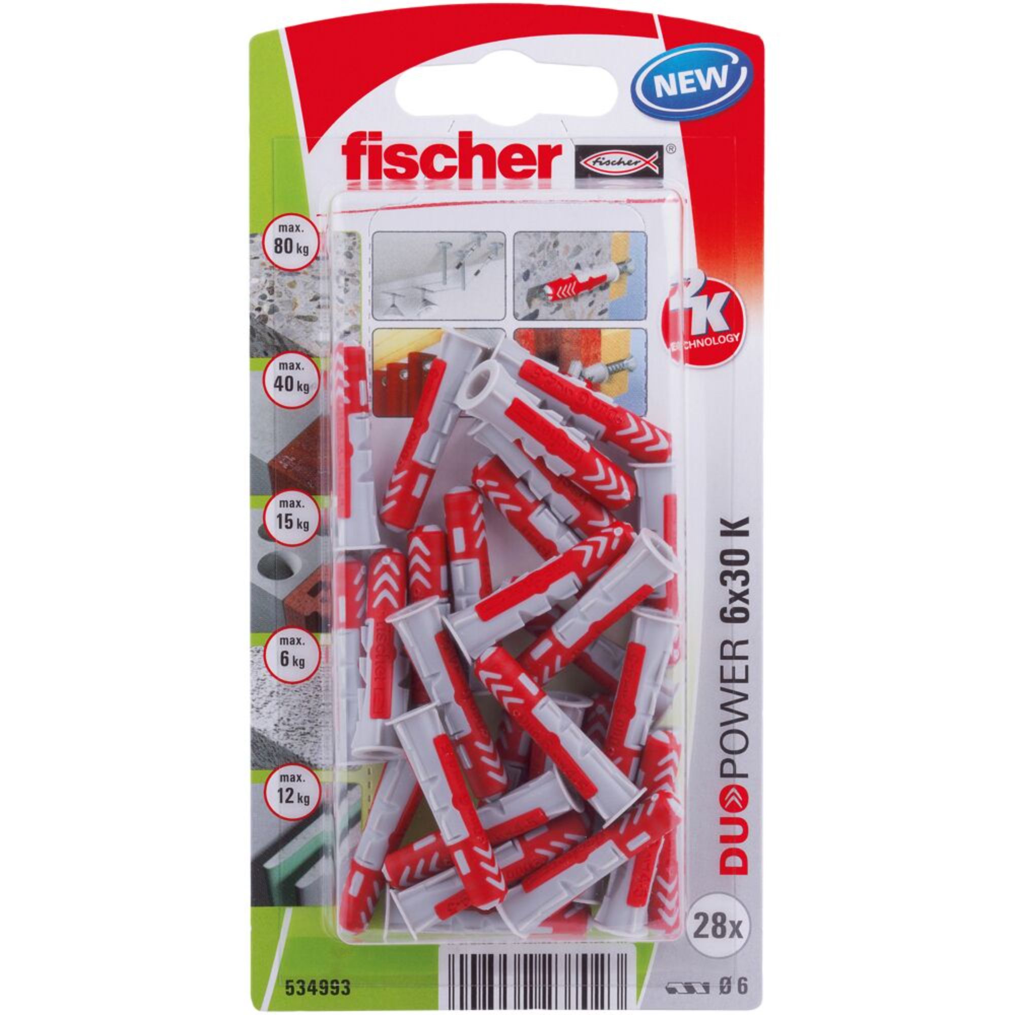 Fischer DuoPower Grey & red Nylon Wall plug (Dia)6mm (L)30mm, Pack of 28
