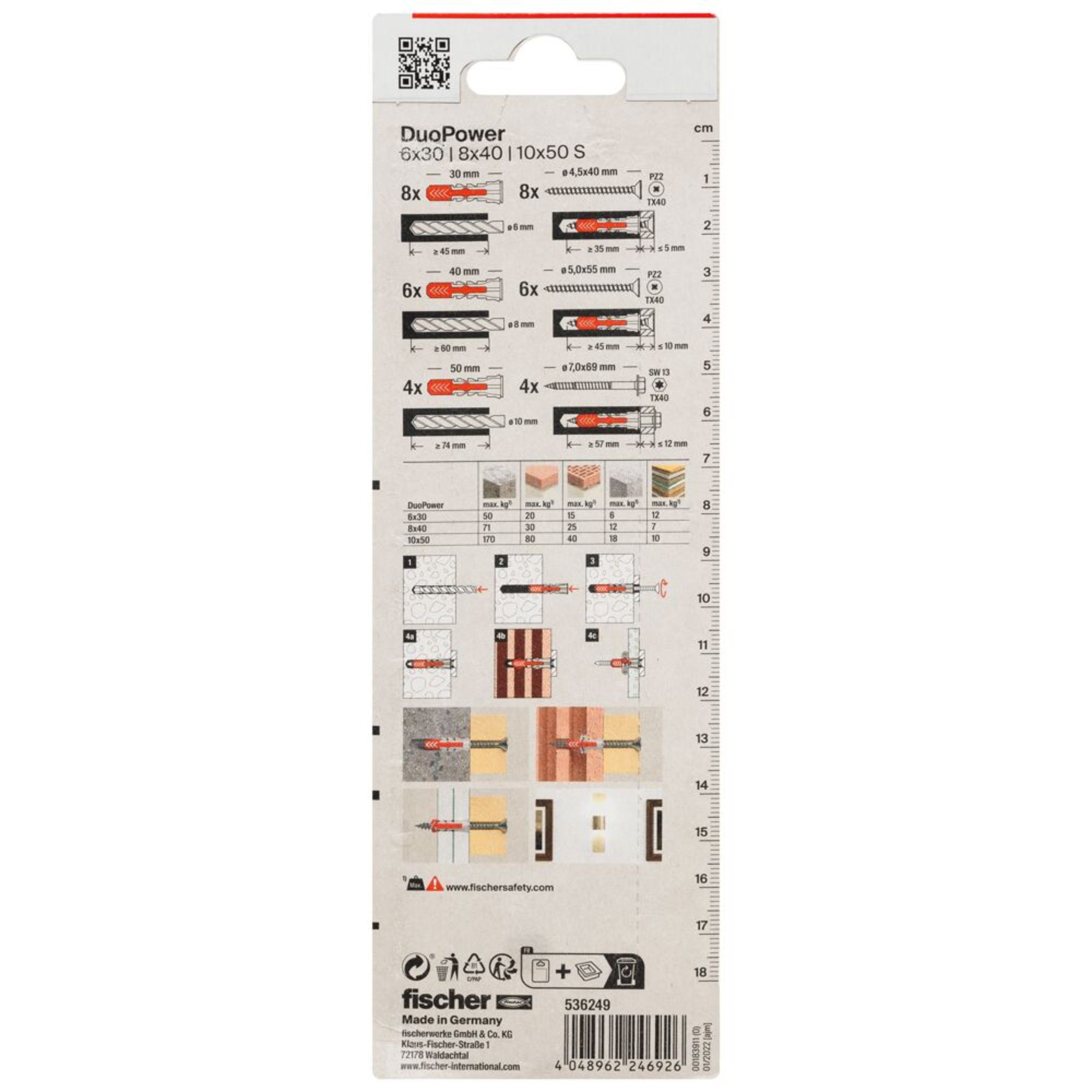 Fischer DuoPower Multi-purpose screws with wall plug, 36 pieces