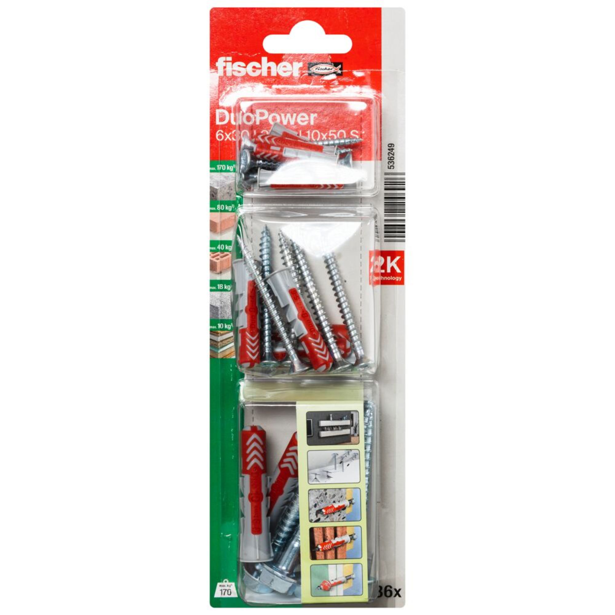Fischer DuoPower Multi-purpose screws with wall plug, 36 pieces