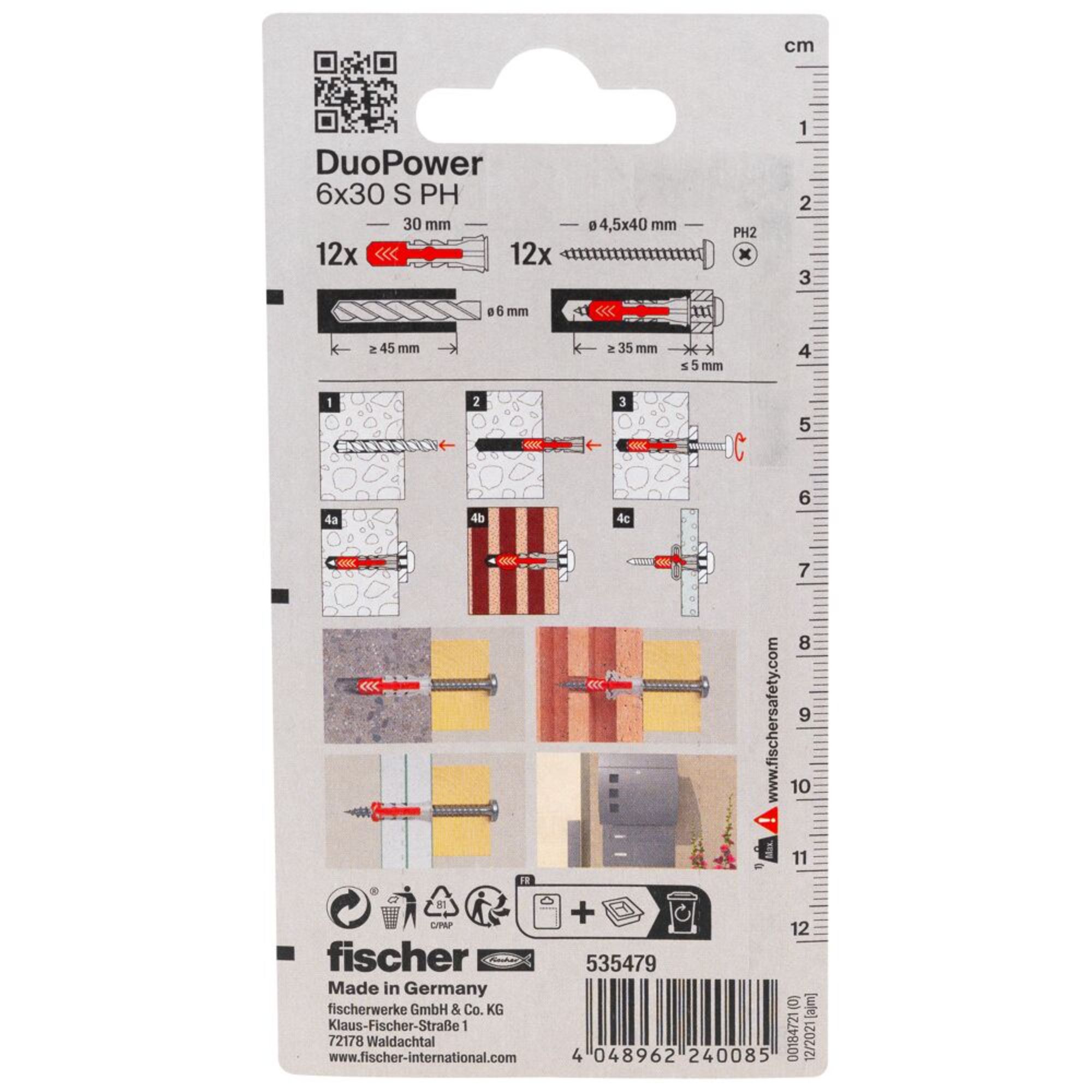 Fischer DuoPower Multicolour Multi-purpose screw & wall plug (Dia)6mm (L)30mm, Pack of 12