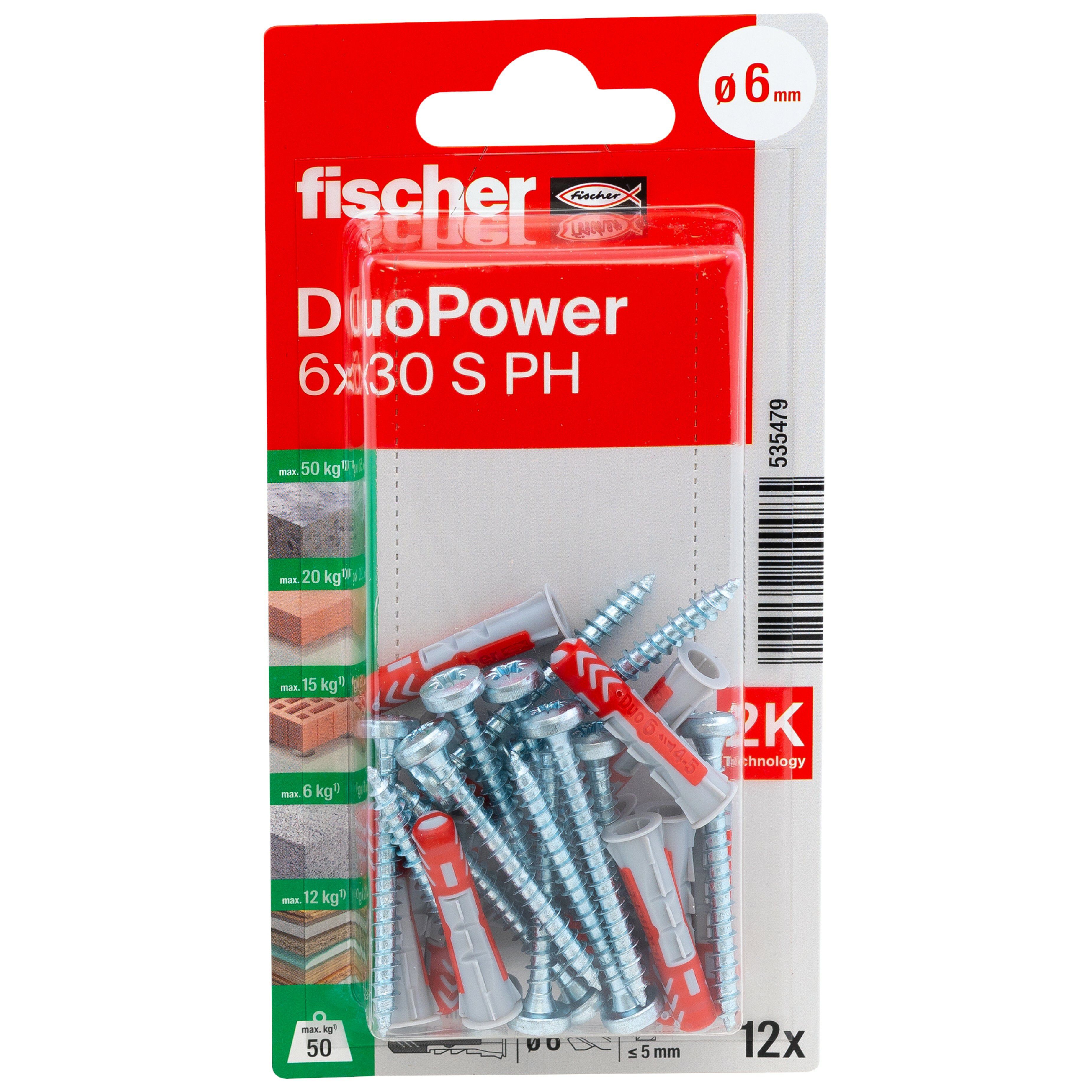 Fischer DuoPower Multicolour Multi-purpose screw & wall plug (Dia)6mm (L)30mm, Pack of 12