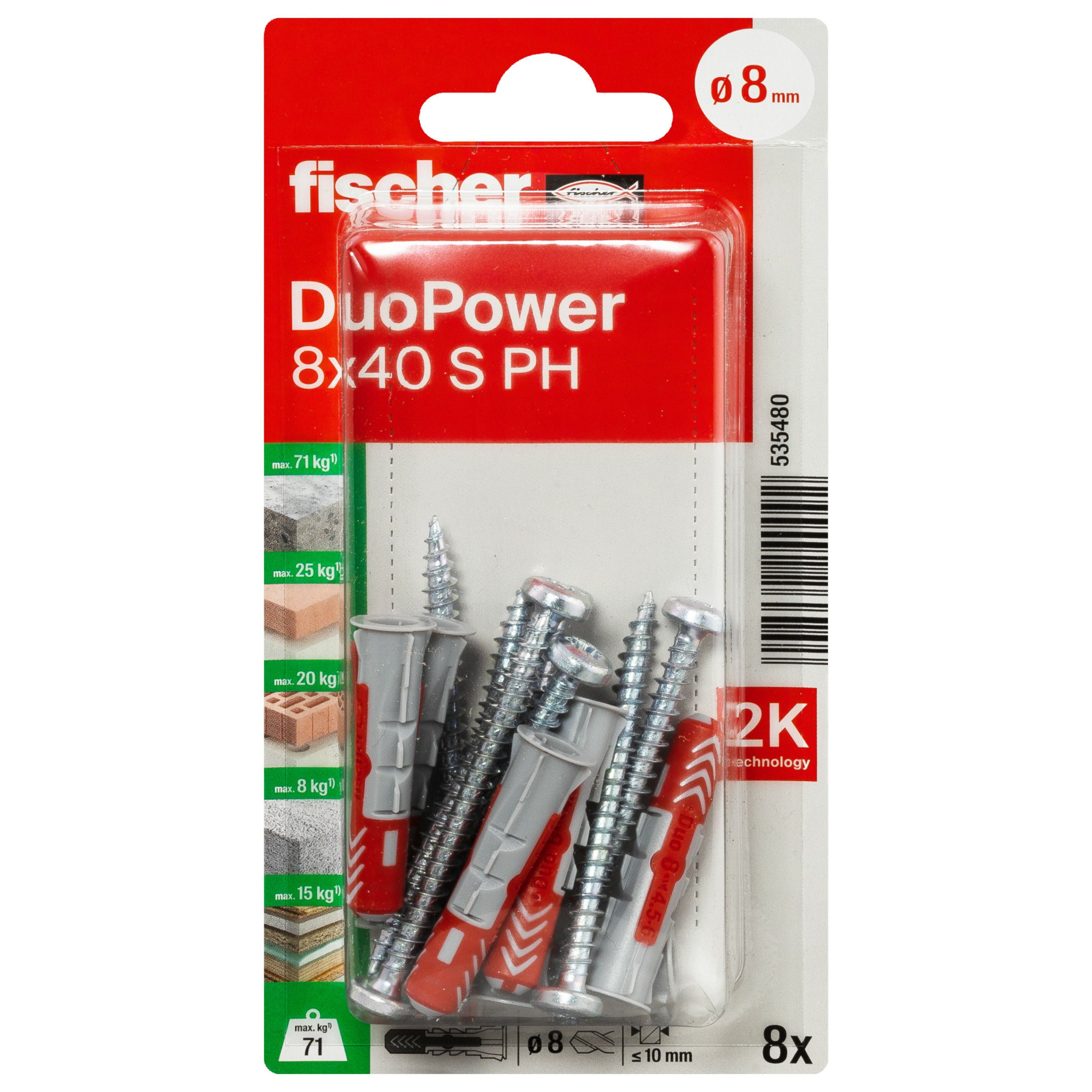 Fischer DuoPower Multicolour Multi-purpose screw & wall plug (Dia)8mm (L)40mm, Pack of 8
