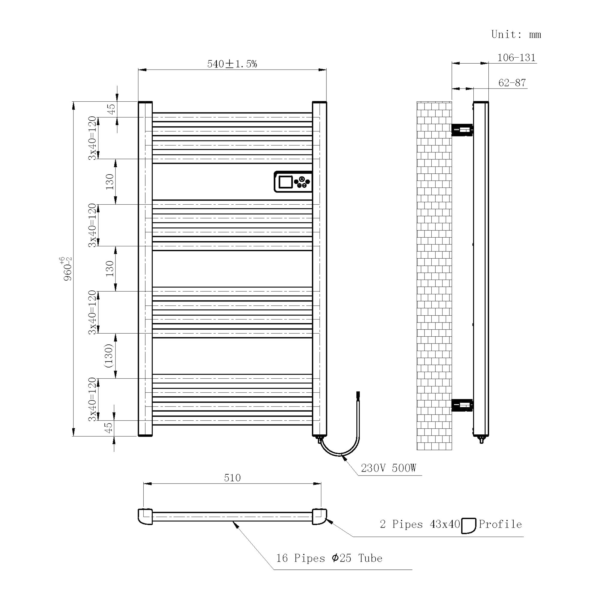 Flomasta Aruna Black Electric Flat Towel warmer (W)540mm x (H)960mm