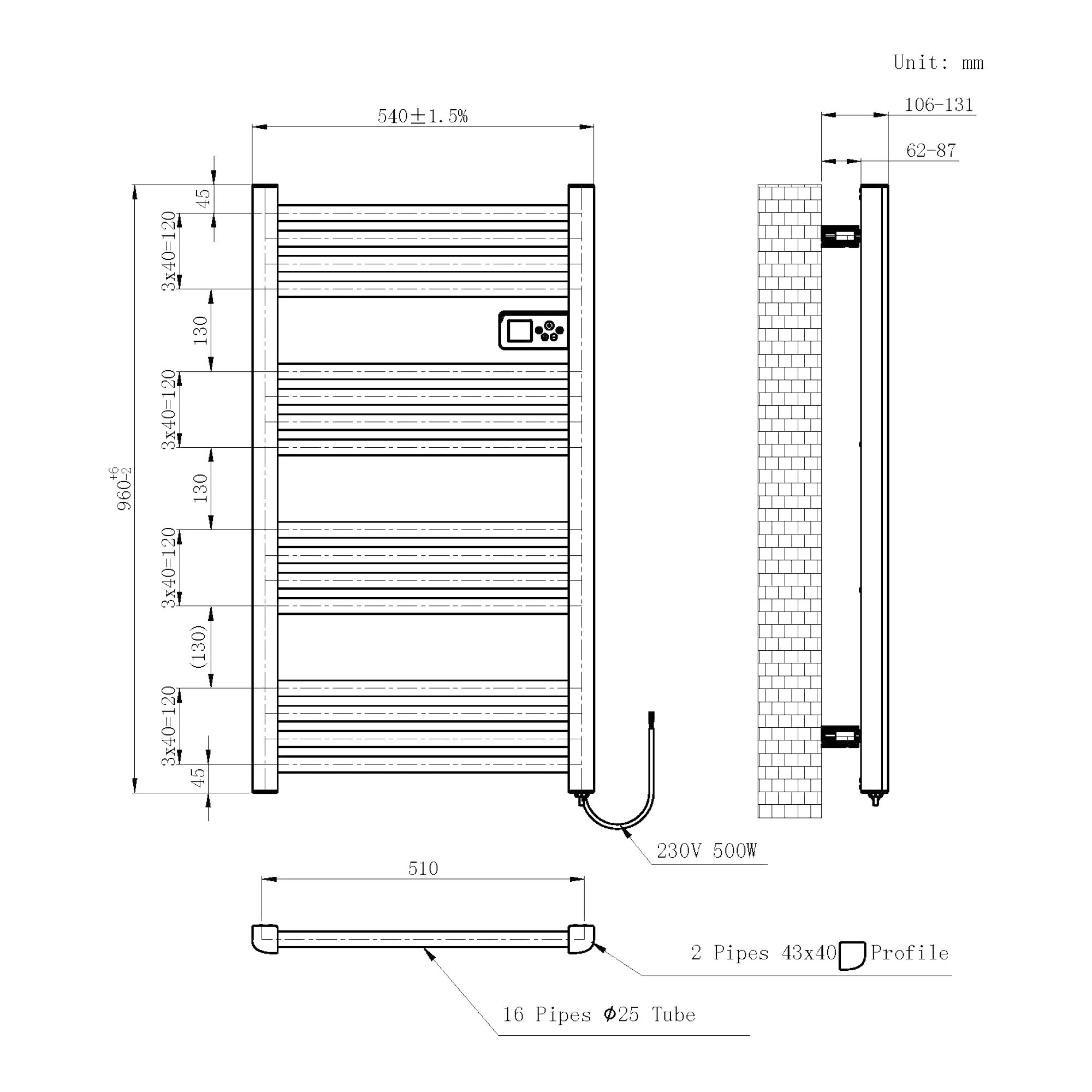 Flomasta Aruna White Electric Flat Towel warmer (W)540mm x (H)960mm