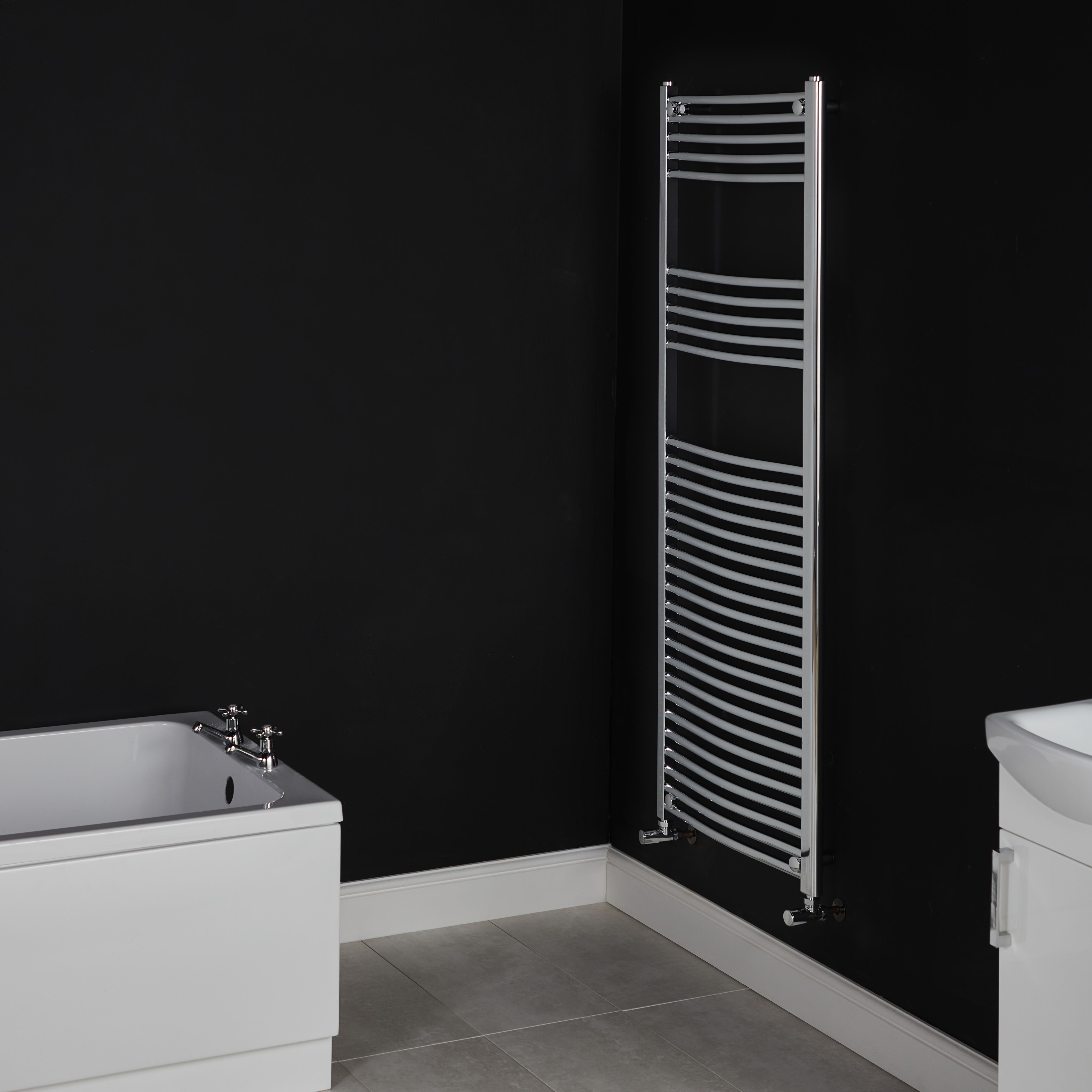 Flomasta Chrome effect Vertical Curved Towel radiator (W)600mm x (H)1600mm
