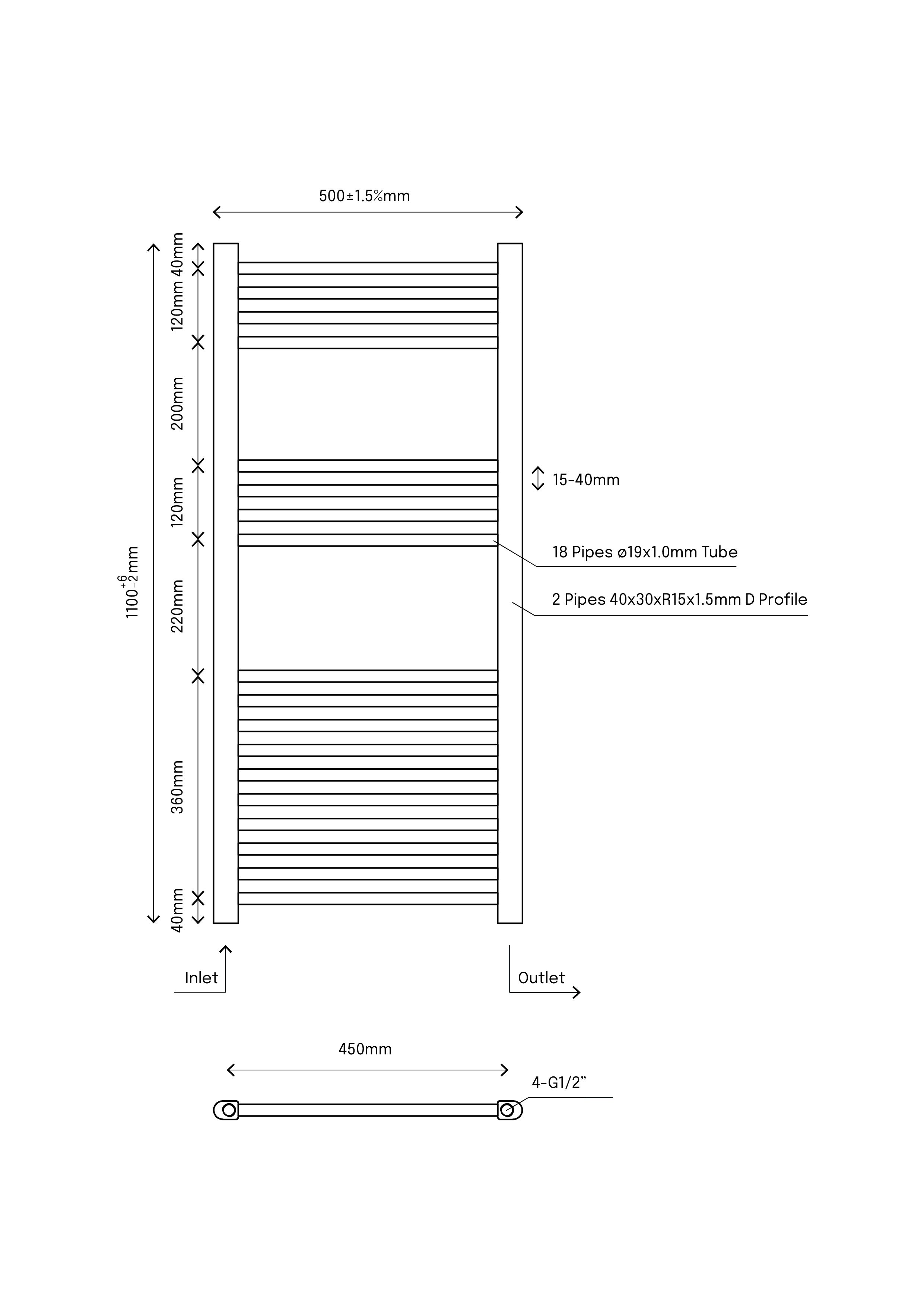 Flomasta Flat, Black Vertical Flat Towel radiator (W)500mm x (H)1100mm