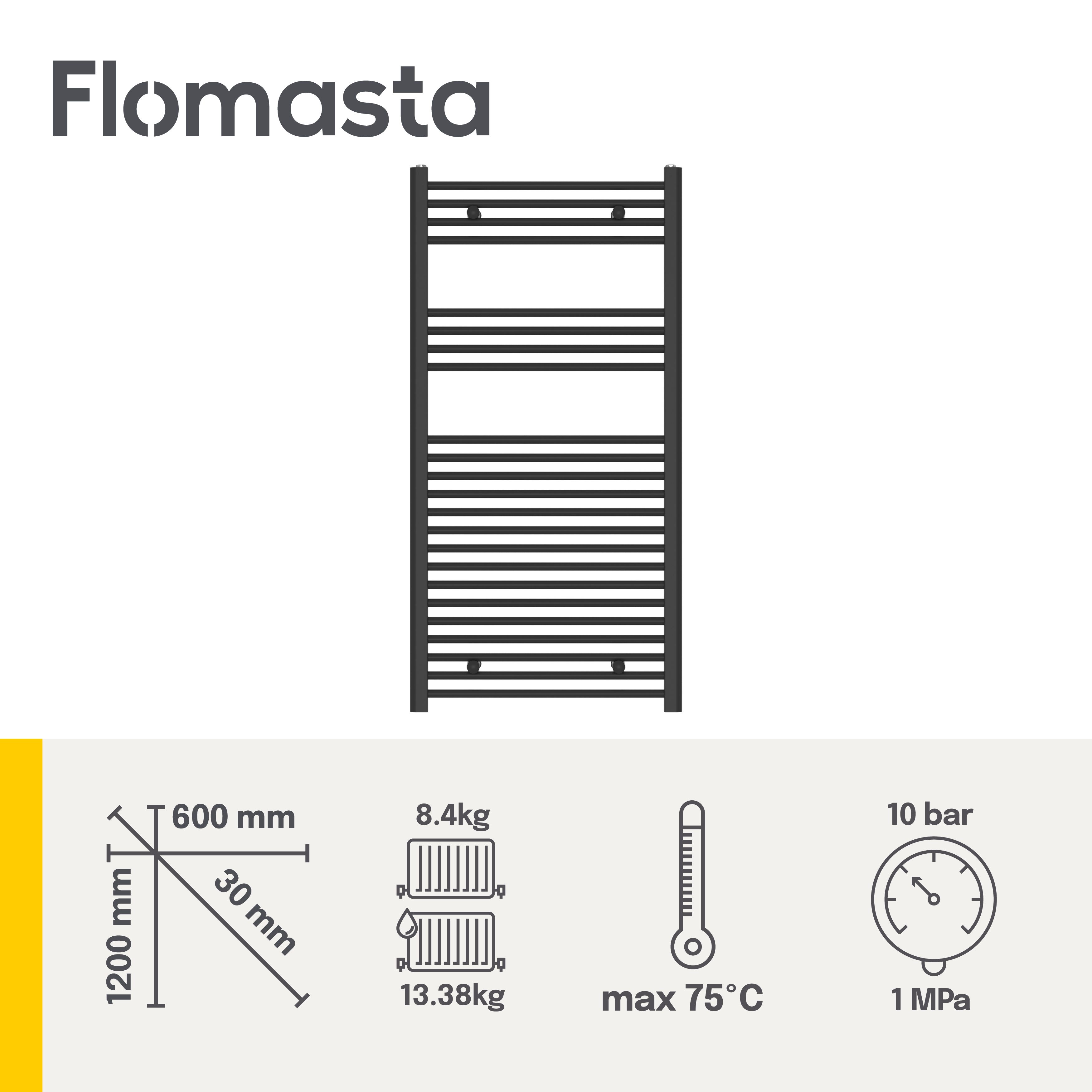 Flomasta Flat, Black Vertical Flat Towel radiator (W)600mm x (H)1200mm