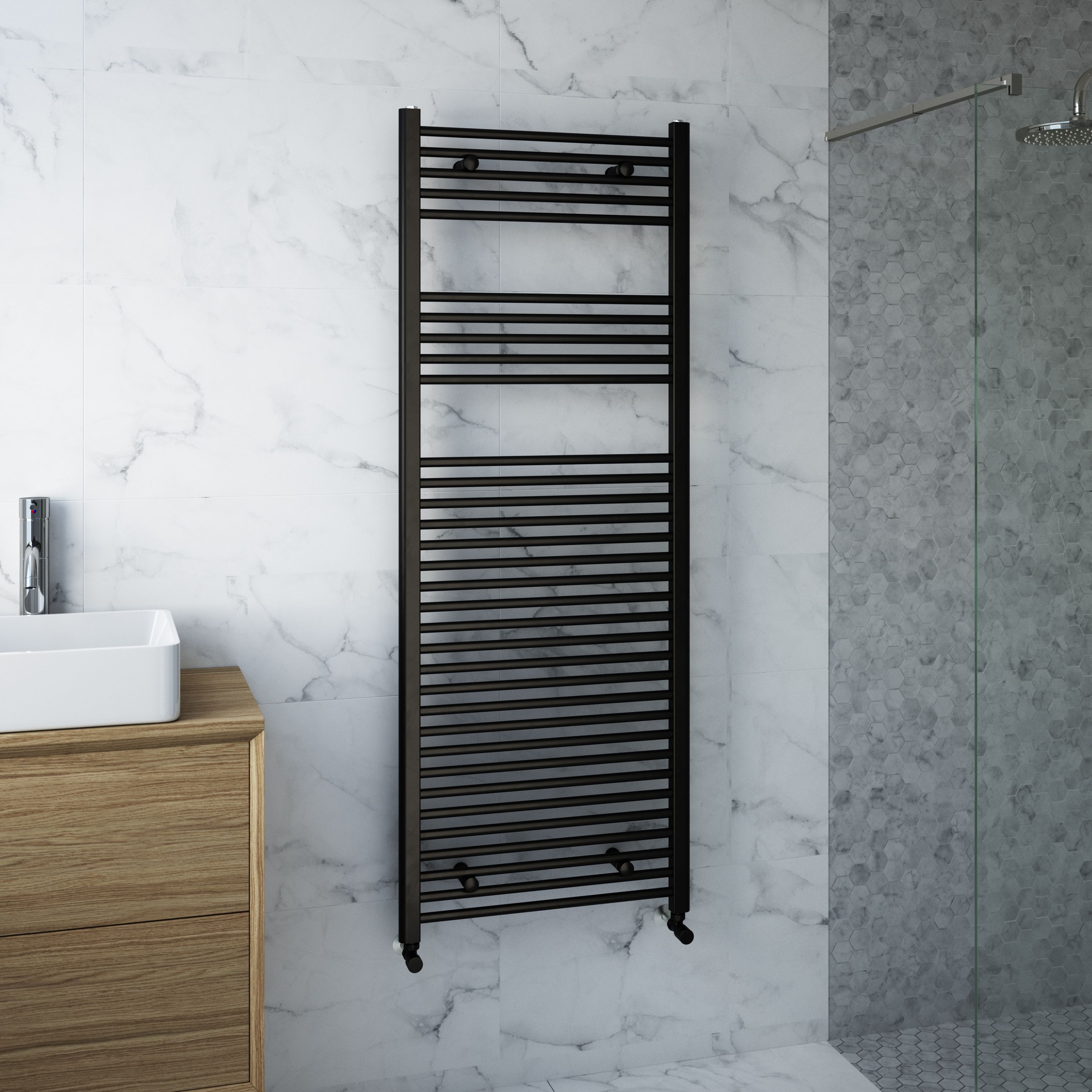 Flomasta Flat, Black Vertical Flat Towel radiator (W)600mm x (H)1600mm