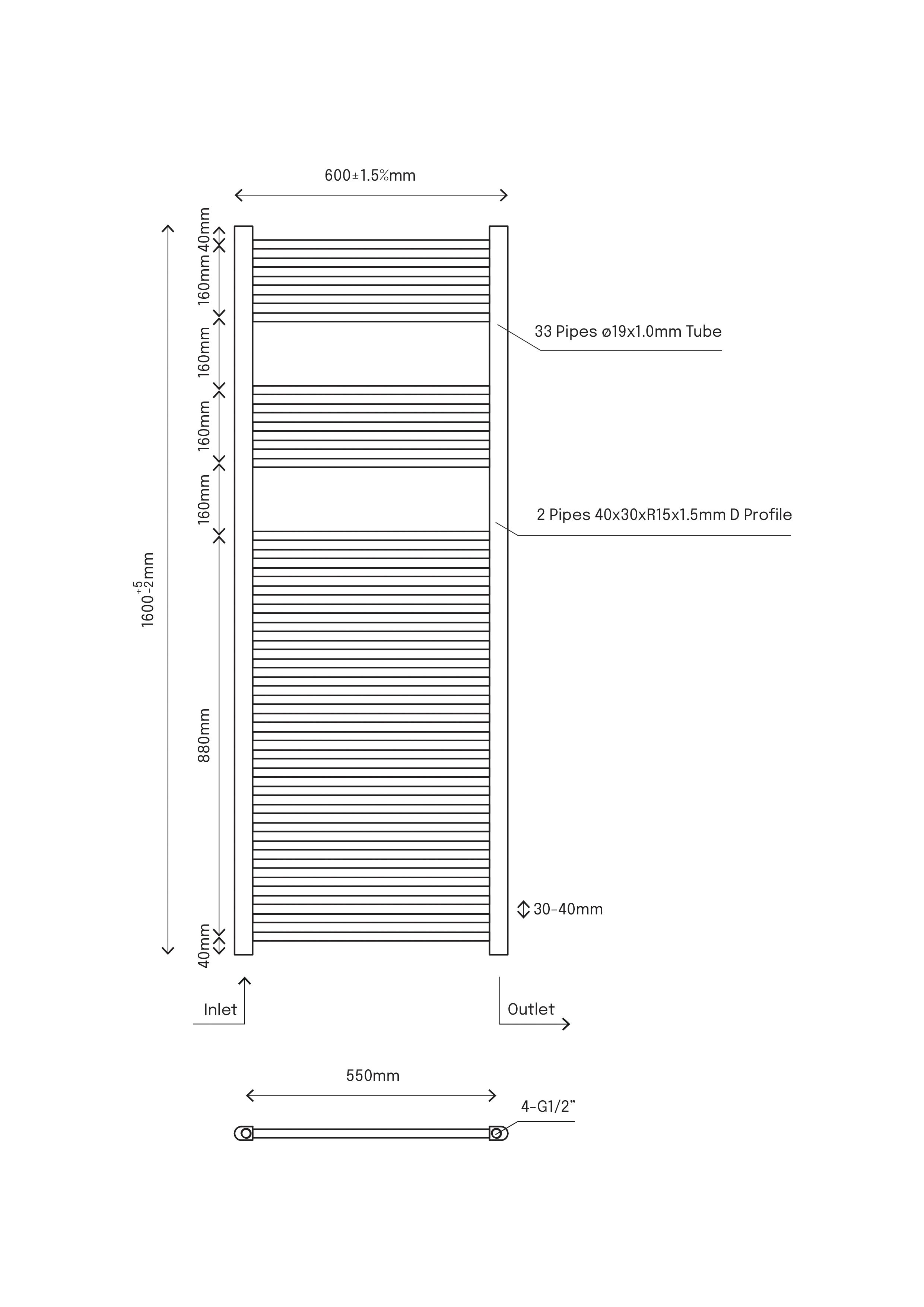 Flomasta Flat, Black Vertical Flat Towel radiator (W)600mm x (H)1600mm
