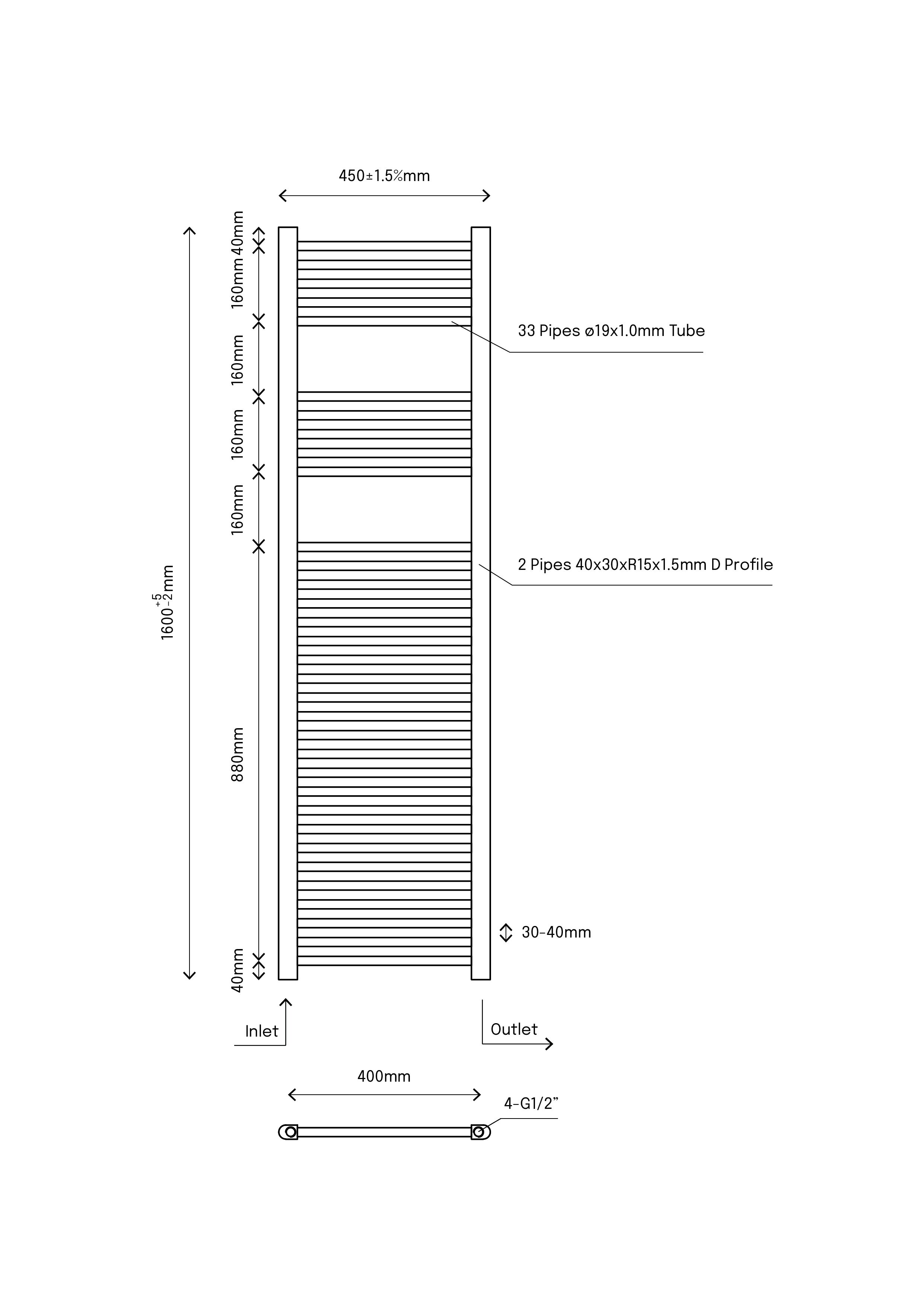 Flomasta Flat Chrome effect Vertical Flat Towel radiator (W)450mm x (H)1600mm