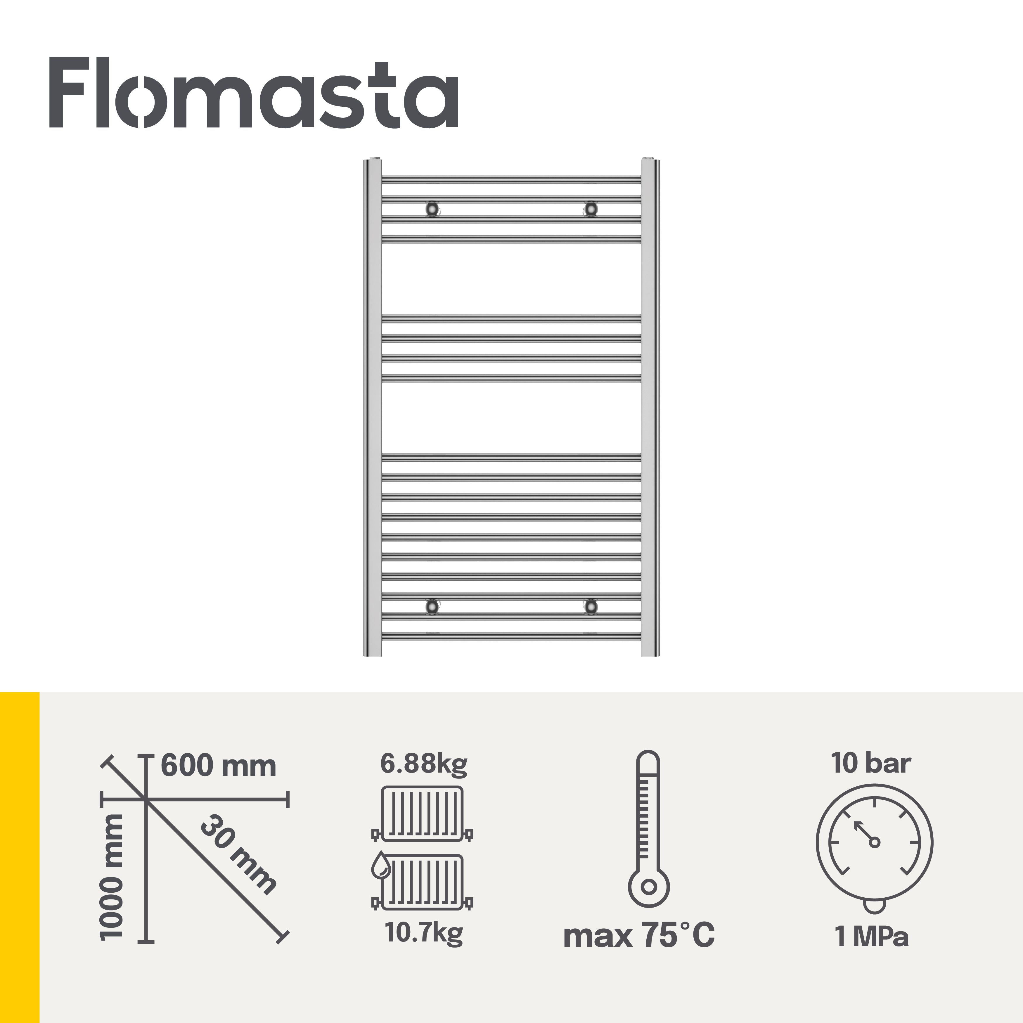 Flomasta Flat Chrome effect Vertical Flat Towel radiator (W)600mm x (H)1000mm