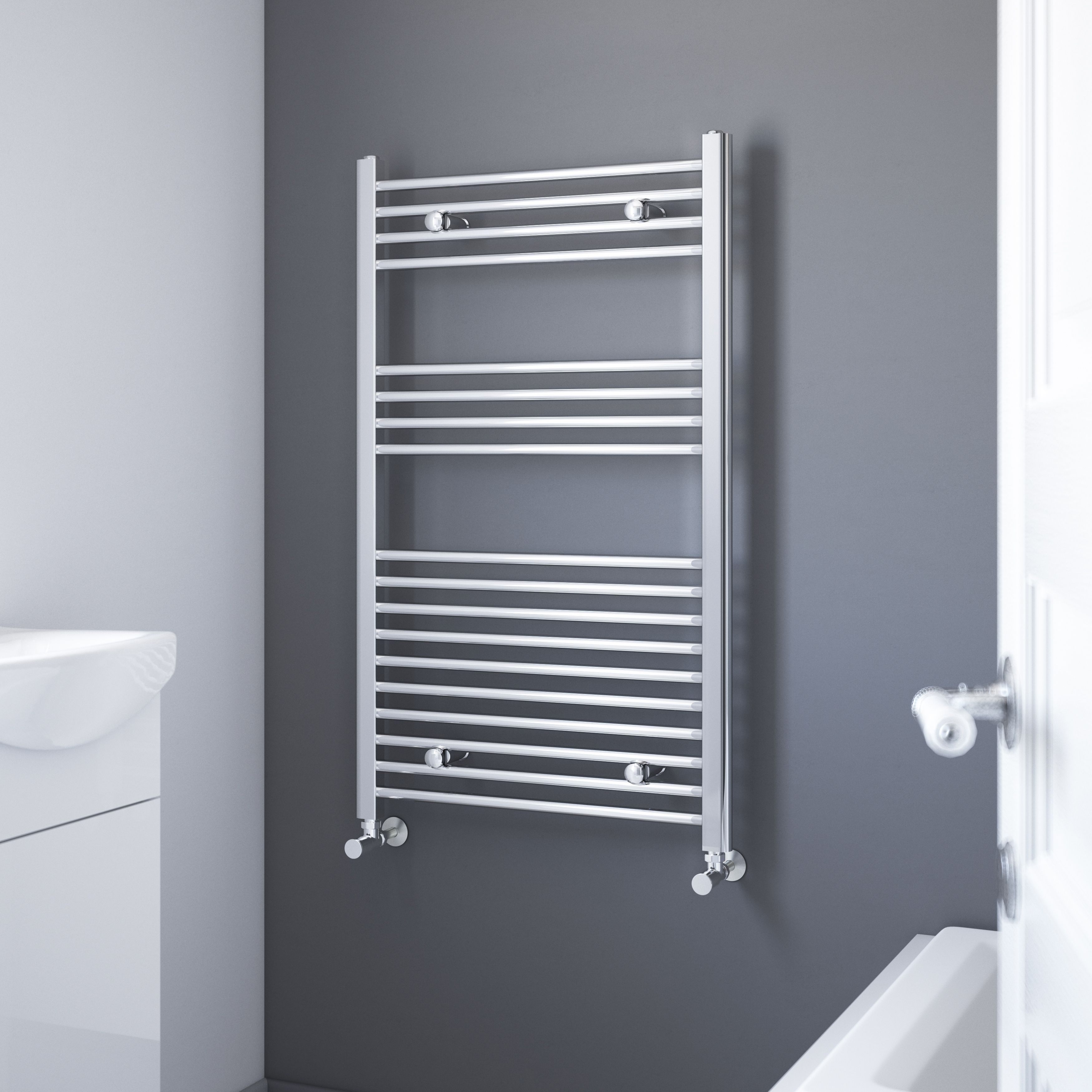 Flomasta Flat Chrome effect Vertical Flat Towel radiator (W)600mm x (H)1000mm