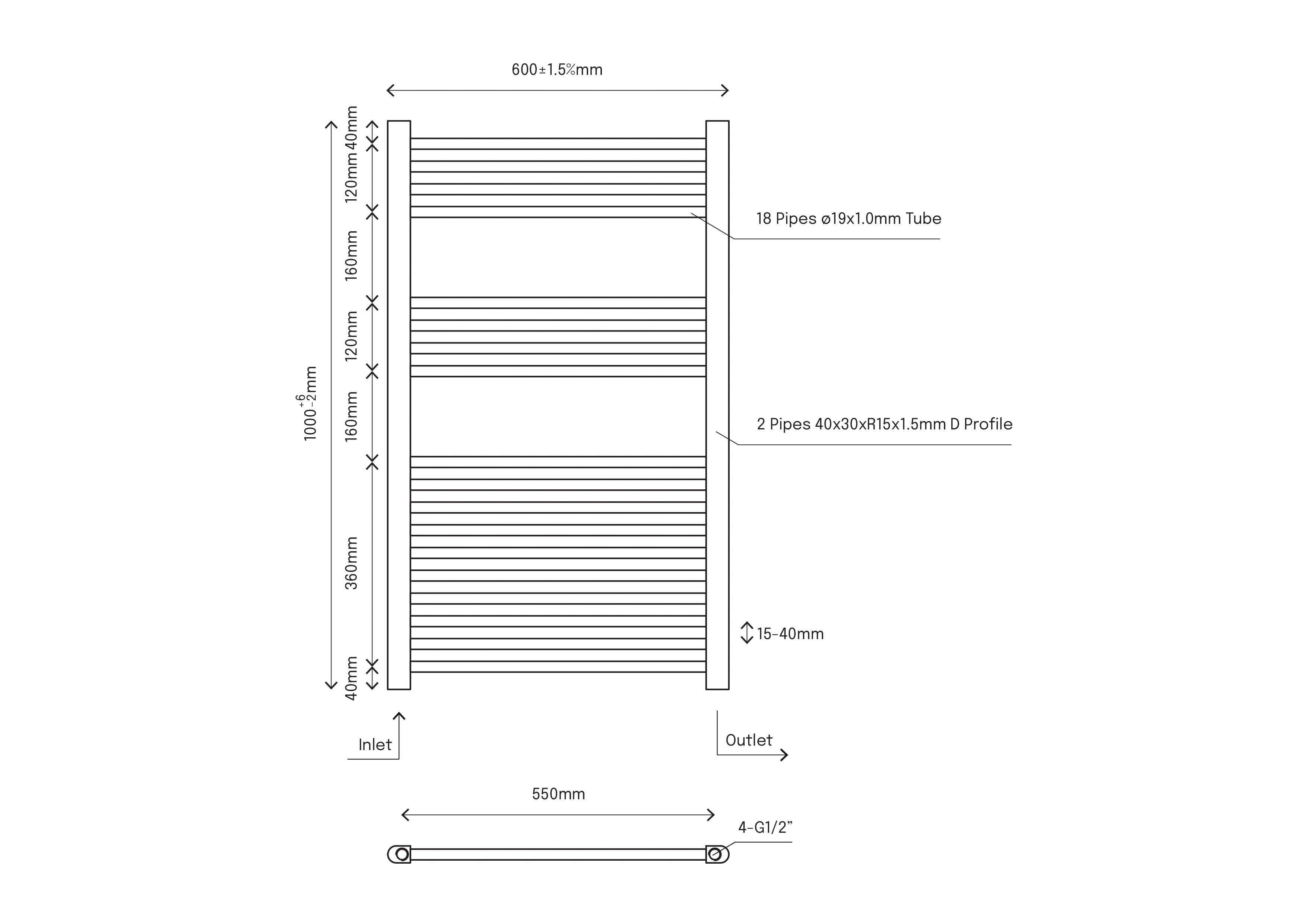 Flomasta Flat Chrome effect Vertical Flat Towel radiator (W)600mm x (H)1000mm