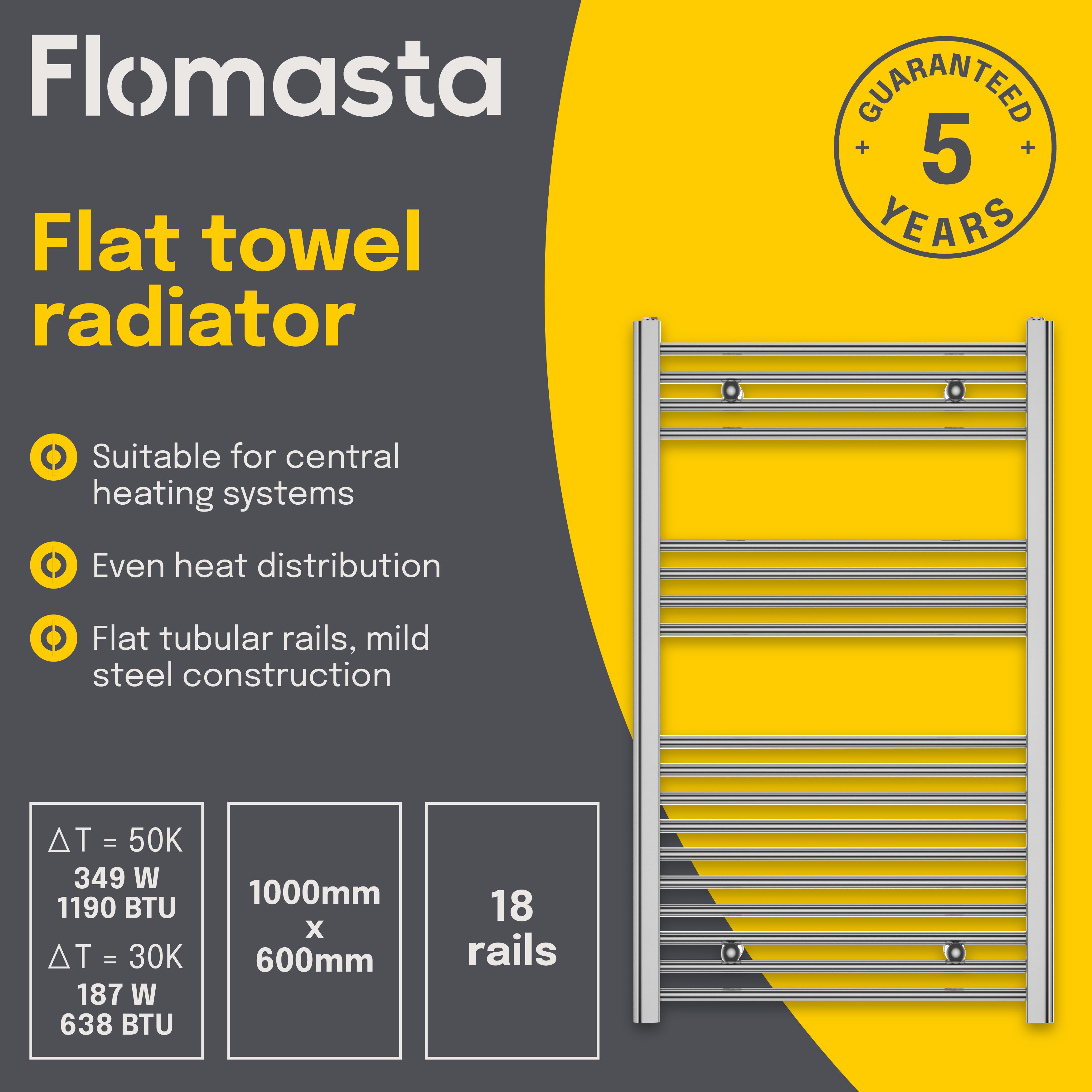 Flomasta Flat Chrome effect Vertical Flat Towel radiator (W)600mm x (H)1000mm