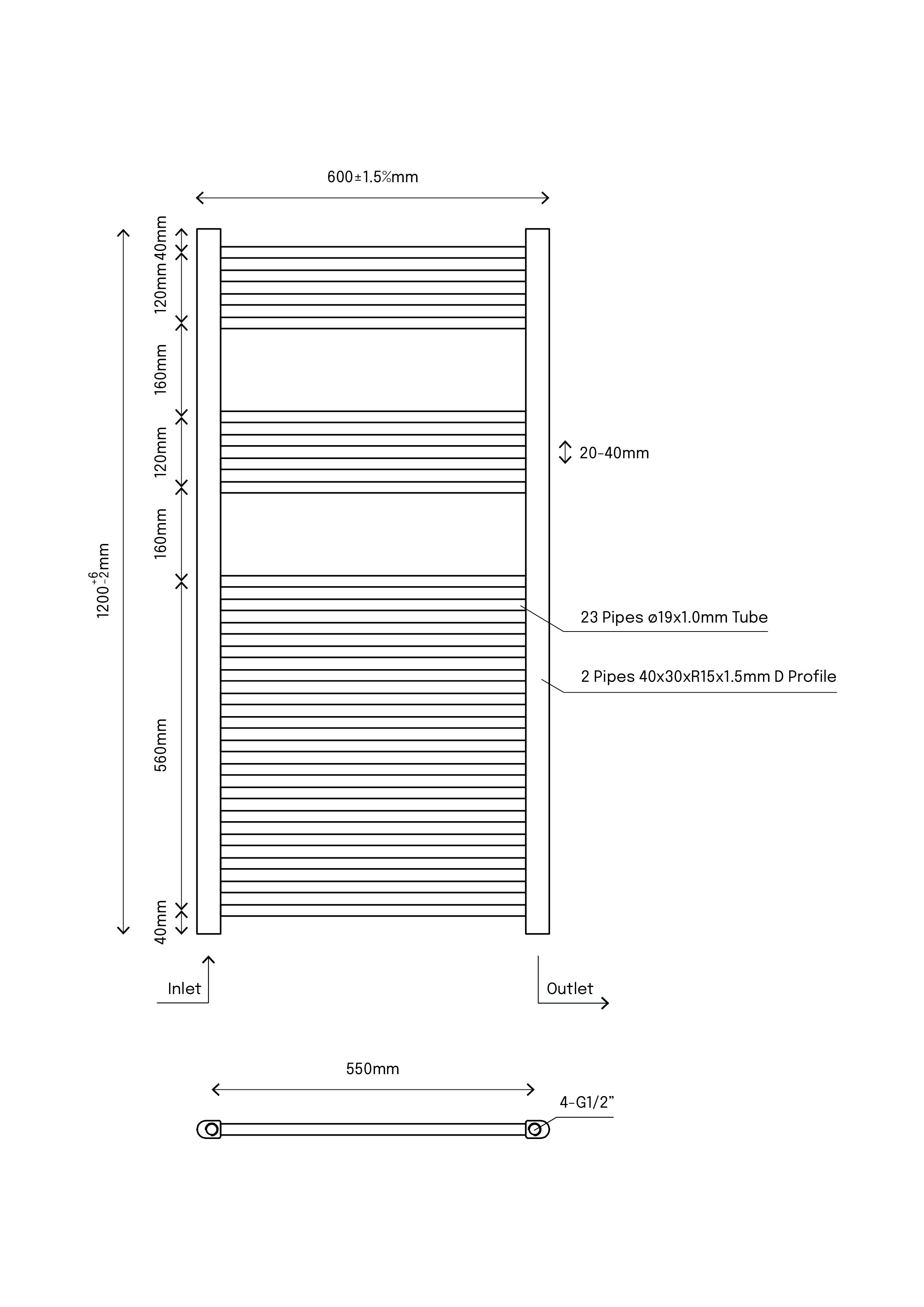 Flomasta Flat Chrome effect Vertical Flat Towel radiator (W)600mm x (H)1200mm