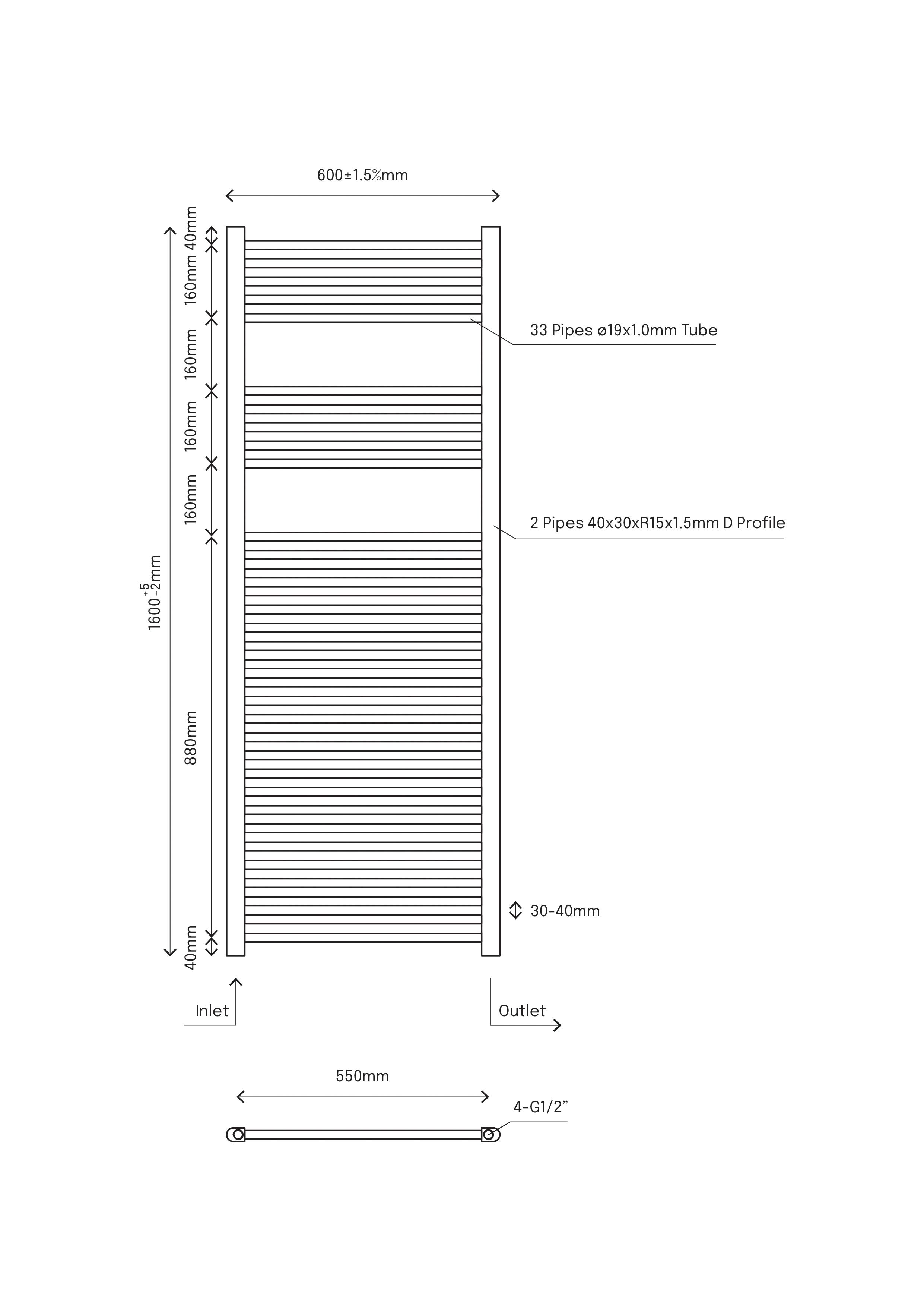 Flomasta Flat Chrome effect Vertical Flat Towel radiator (W)600mm x (H)1600mm