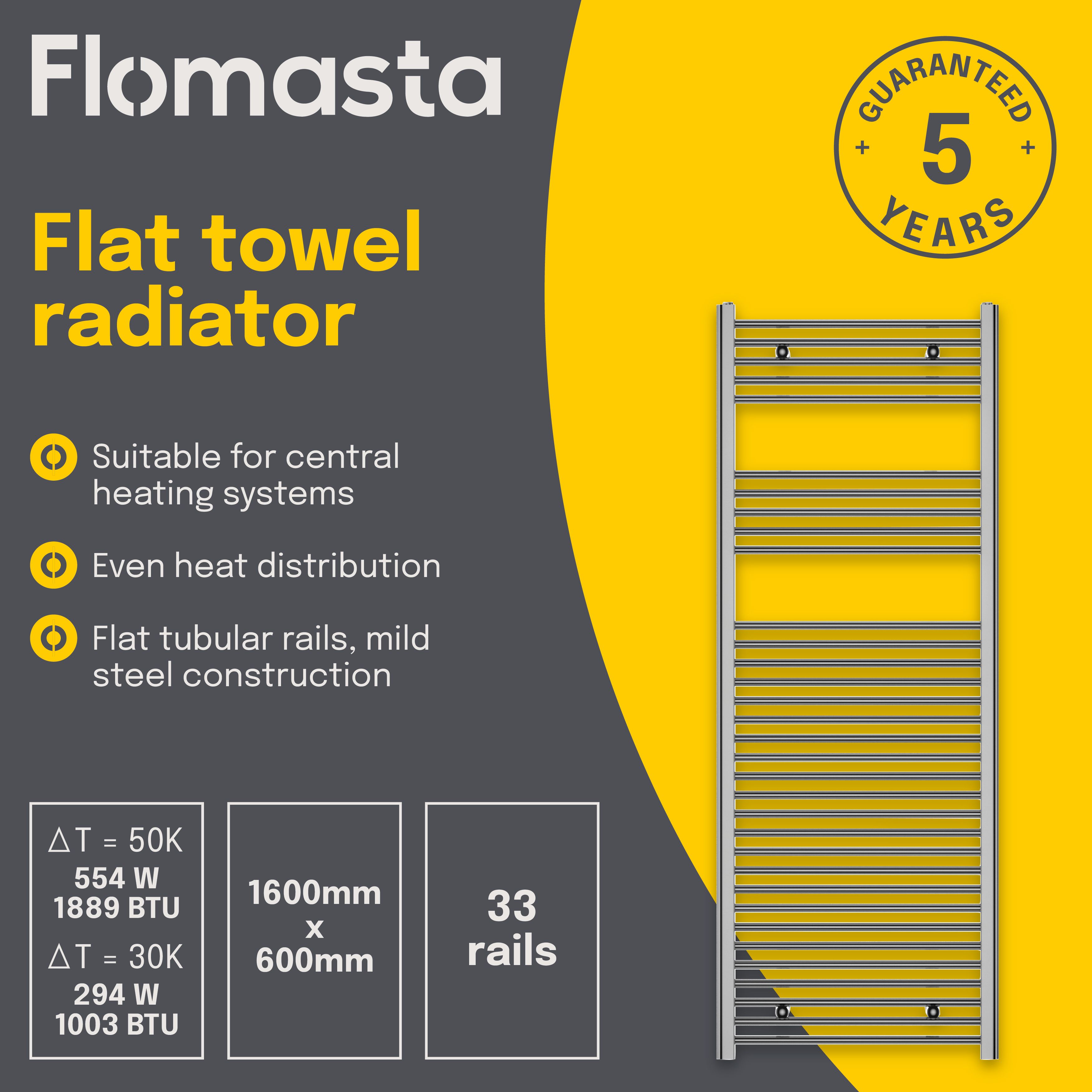 Flomasta Flat Chrome effect Vertical Flat Towel radiator (W)600mm x (H)1600mm
