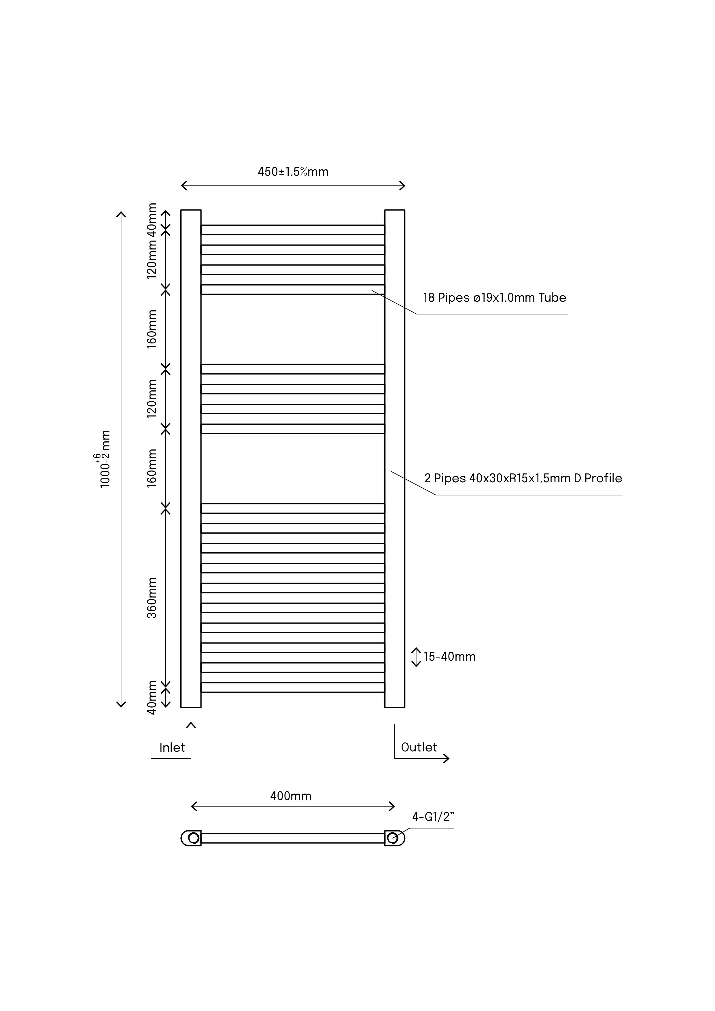 Flomasta Flat, White Vertical Flat Towel radiator (W)450mm x (H)1000mm