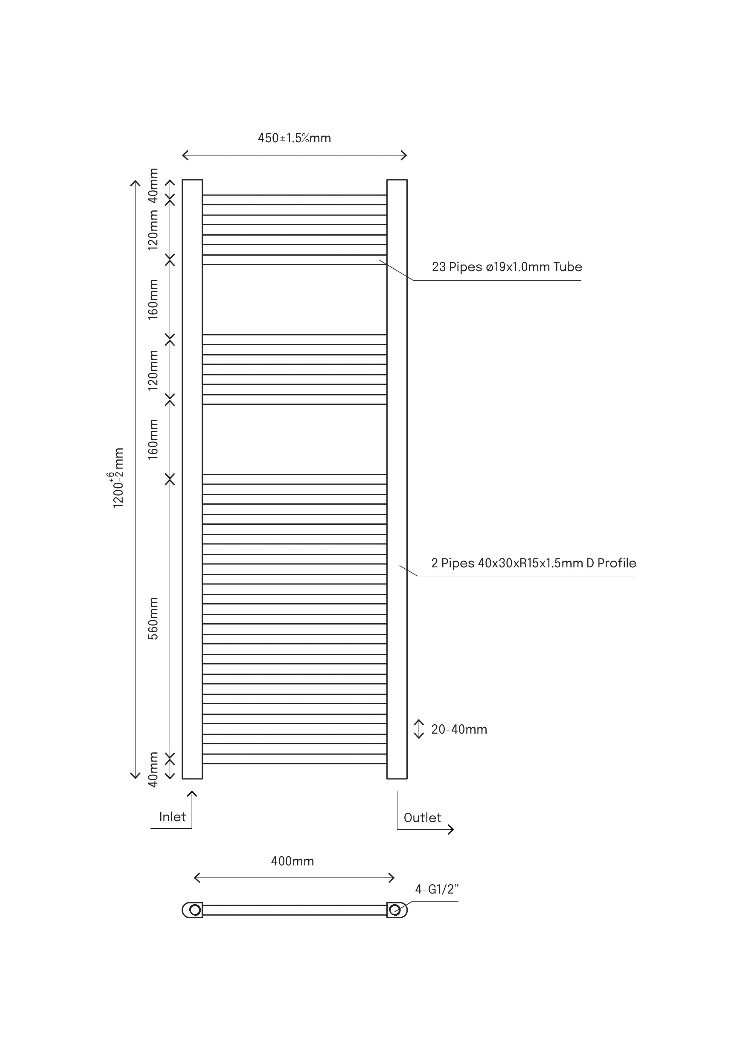 Flomasta Flat, White Vertical Flat Towel radiator (W)450mm x (H)1200mm