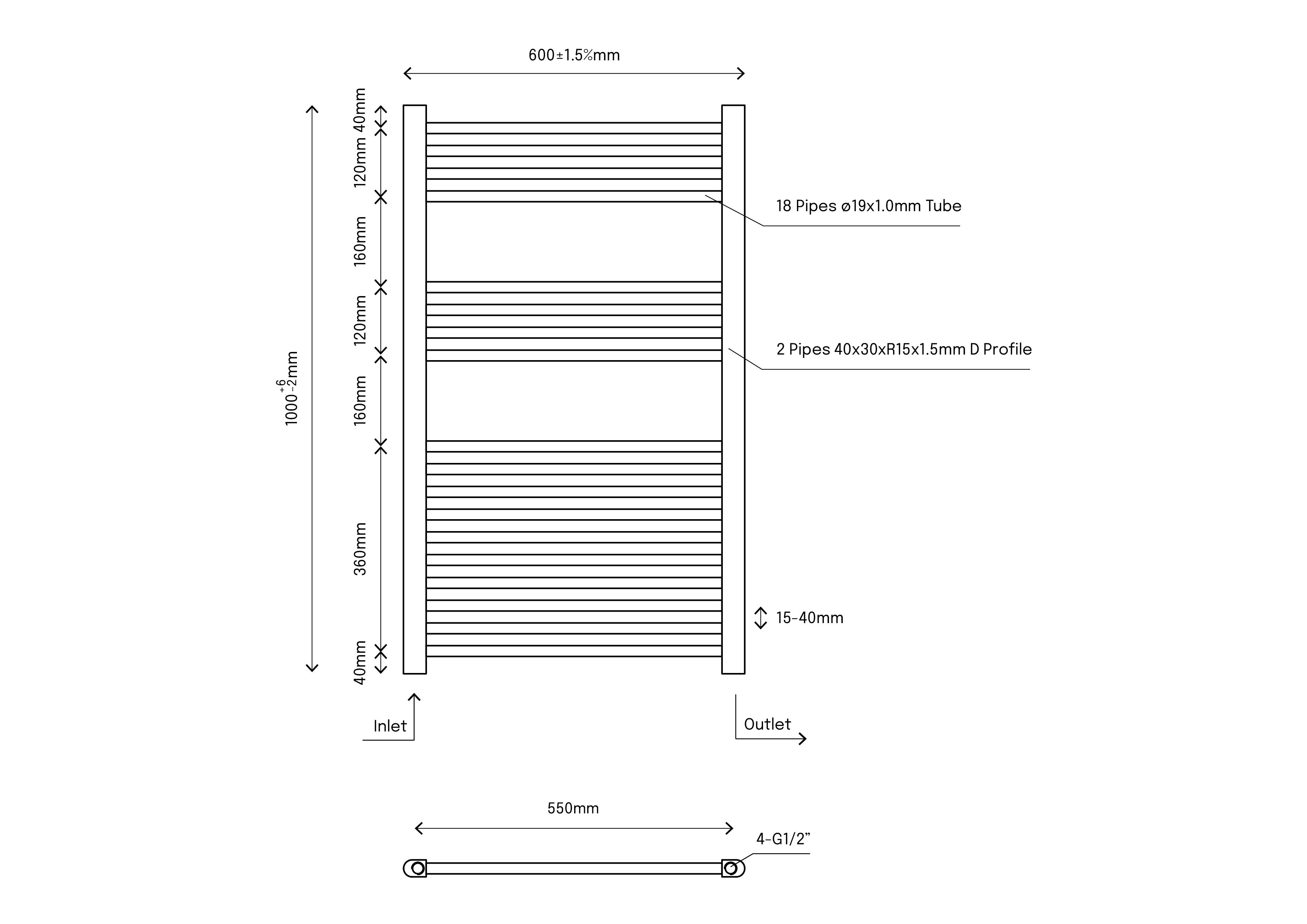 Flomasta Flat, White Vertical Flat Towel radiator (W)600mm x (H)1000mm