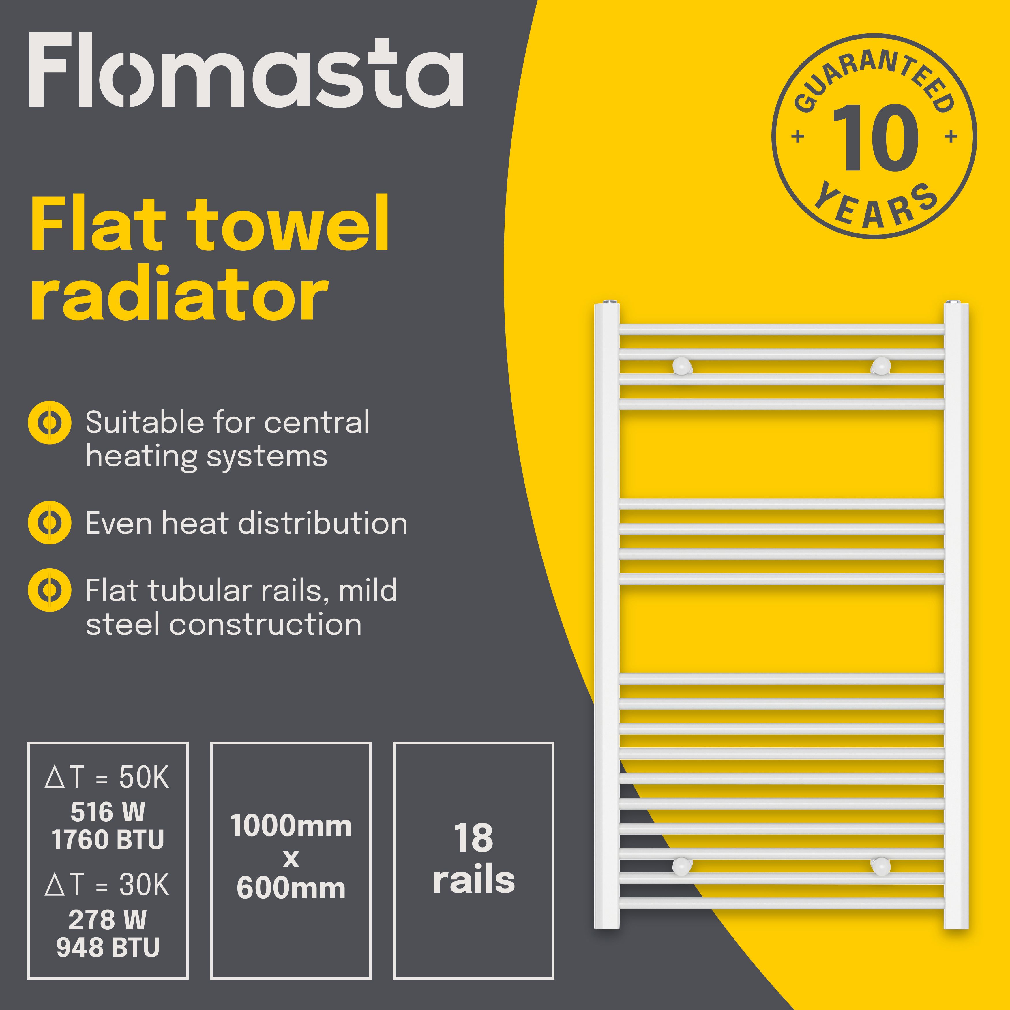 Flomasta Flat, White Vertical Flat Towel radiator (W)600mm x (H)1000mm