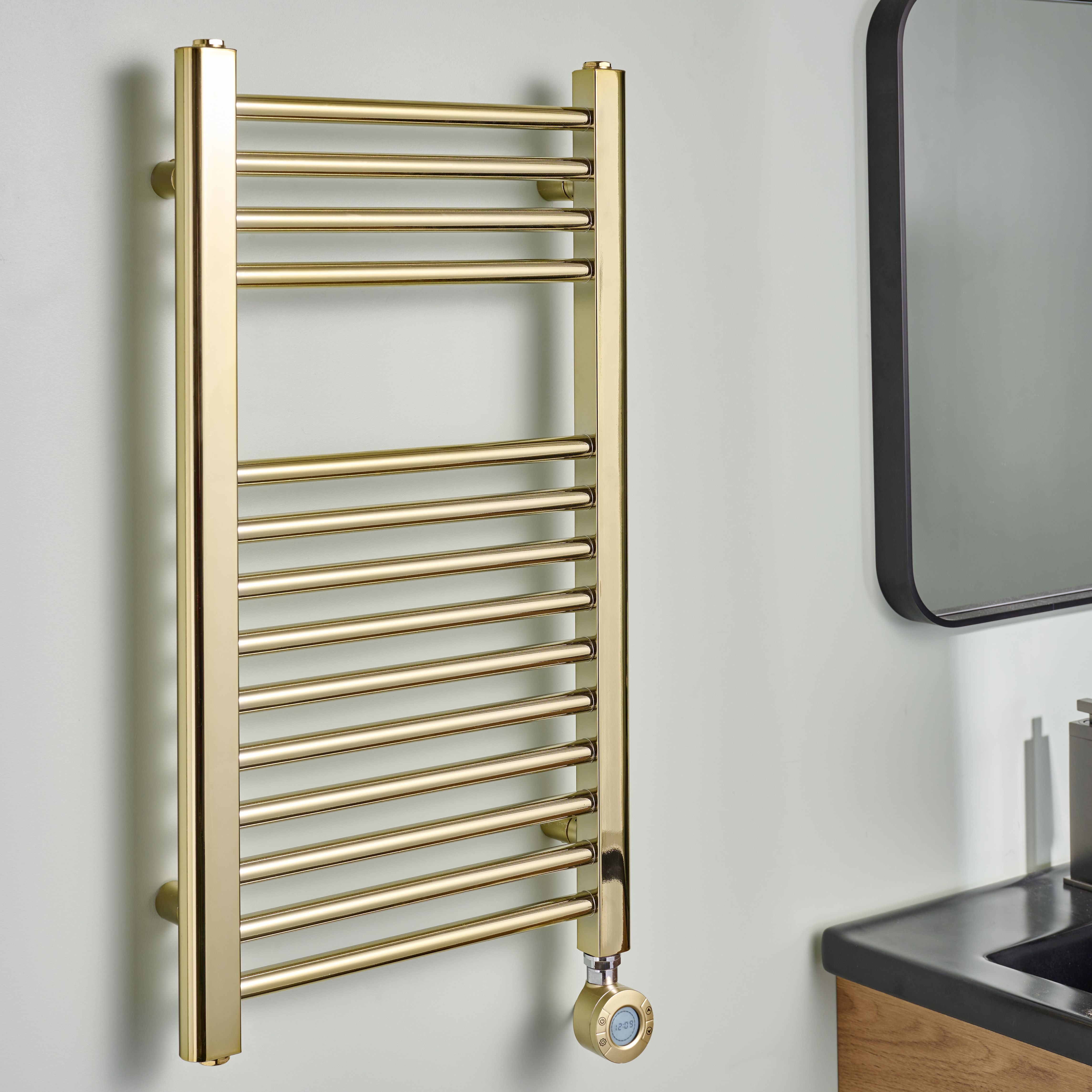 Flomasta Galene Brass effect Electric Flat Towel warmer (W)400mm x (H)700mm