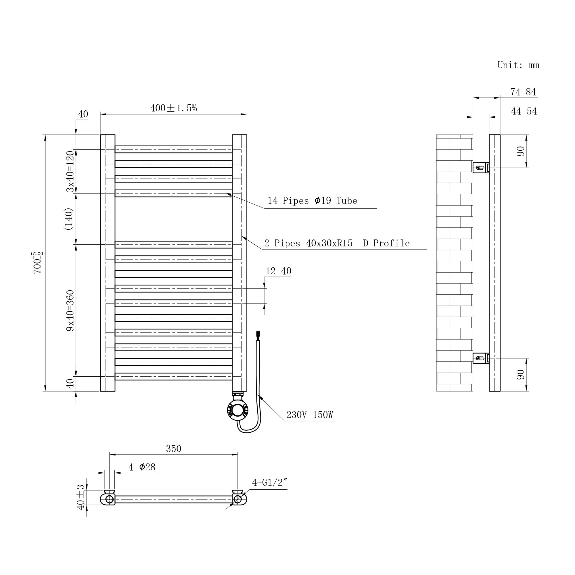Flomasta Galene Brass effect Electric Flat Towel warmer (W)400mm x (H)700mm