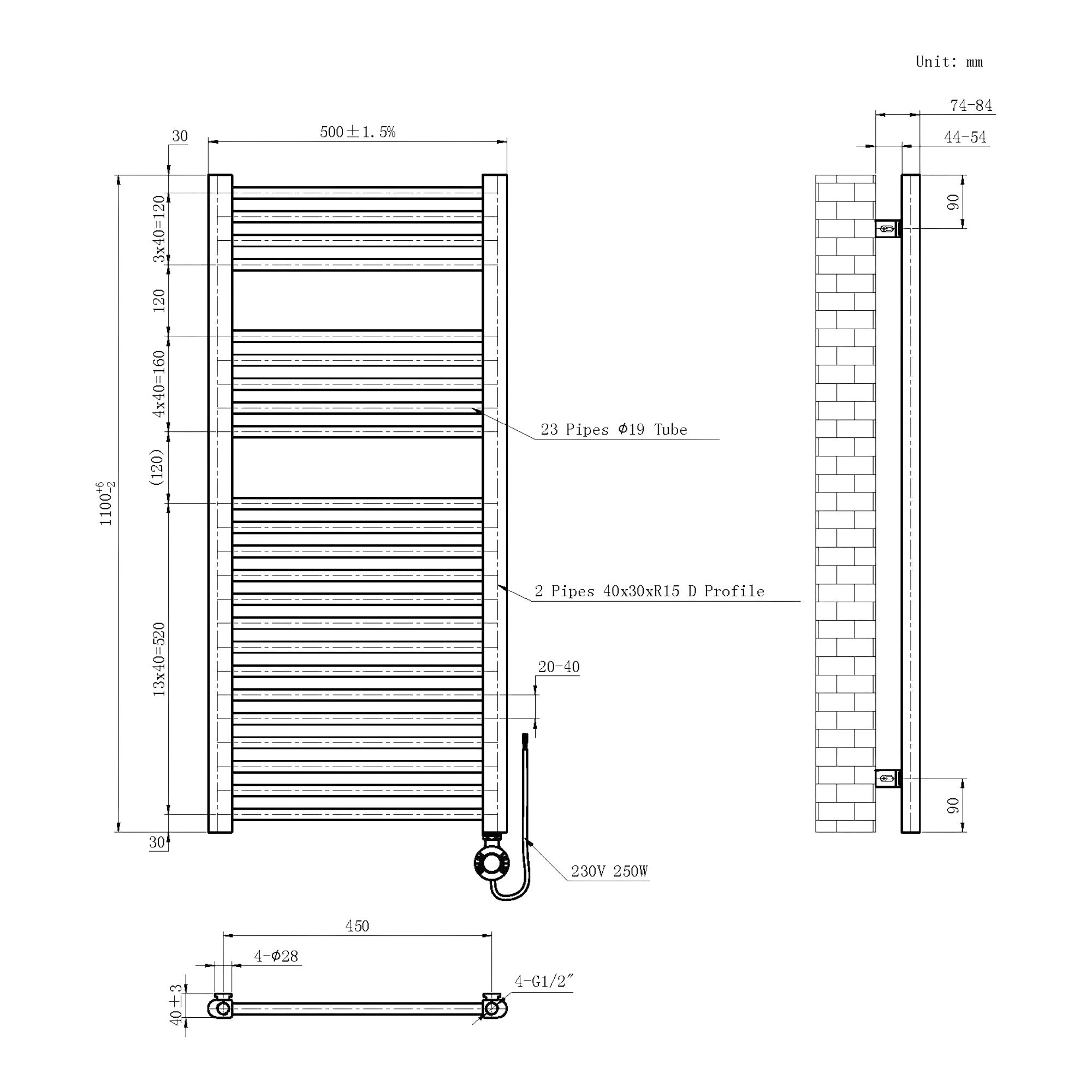 Flomasta Galene Brass effect Electric Flat Towel warmer (W)500mm x (H)1100mm