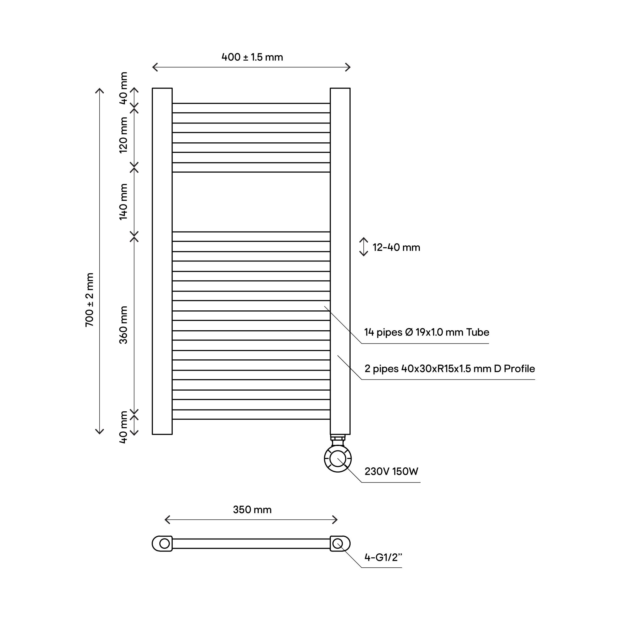 Flomasta Galene Chrome effect Electric Flat Towel warmer (W)400mm x (H)700mm