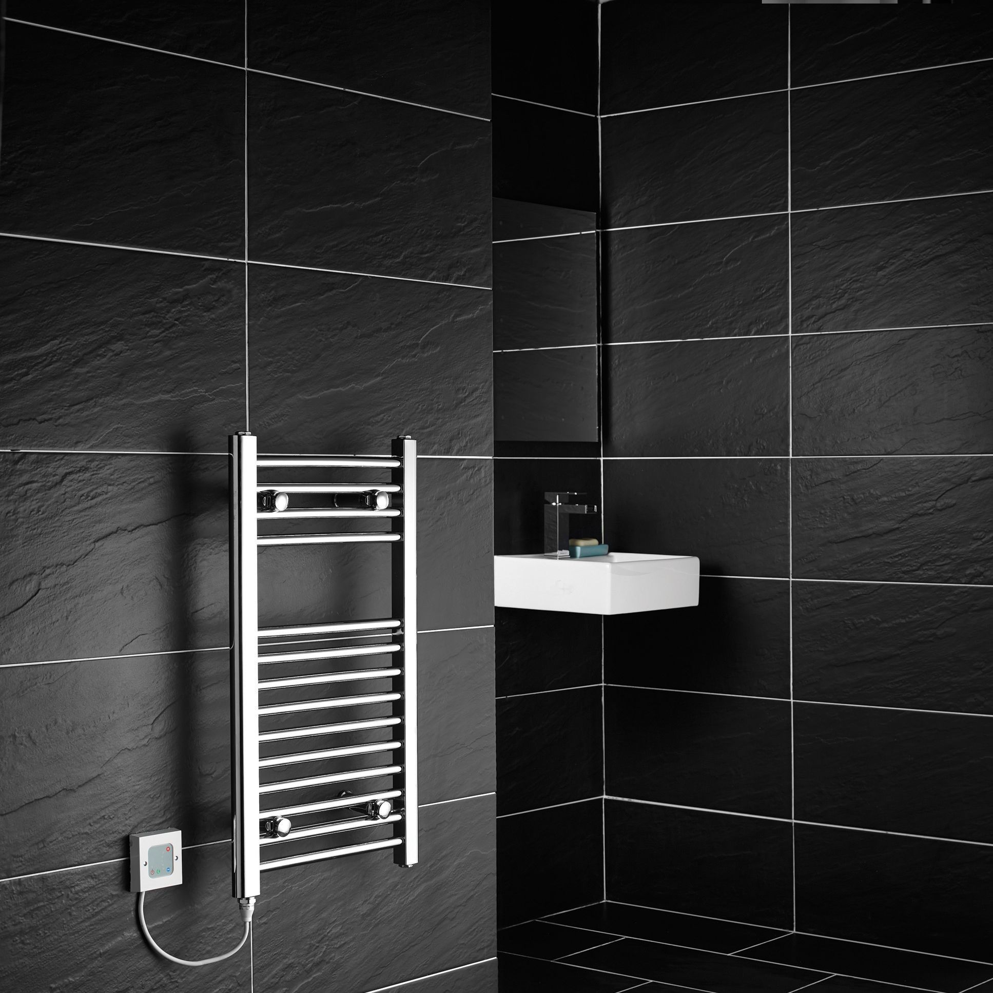 Flomasta Galene Chrome effect Flat Towel warmer (W)400mm x (H)700mm