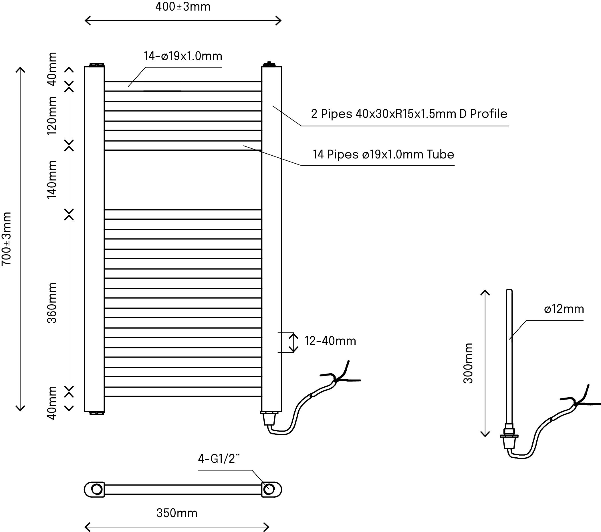 Flomasta Galene Chrome effect Flat Towel warmer (W)400mm x (H)700mm