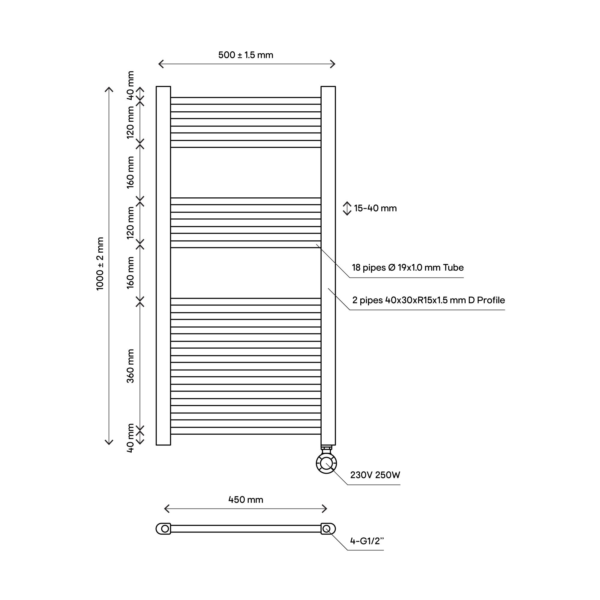 Flomasta Galene White Electric Flat Towel warmer (W)500mm x (H)1000mm