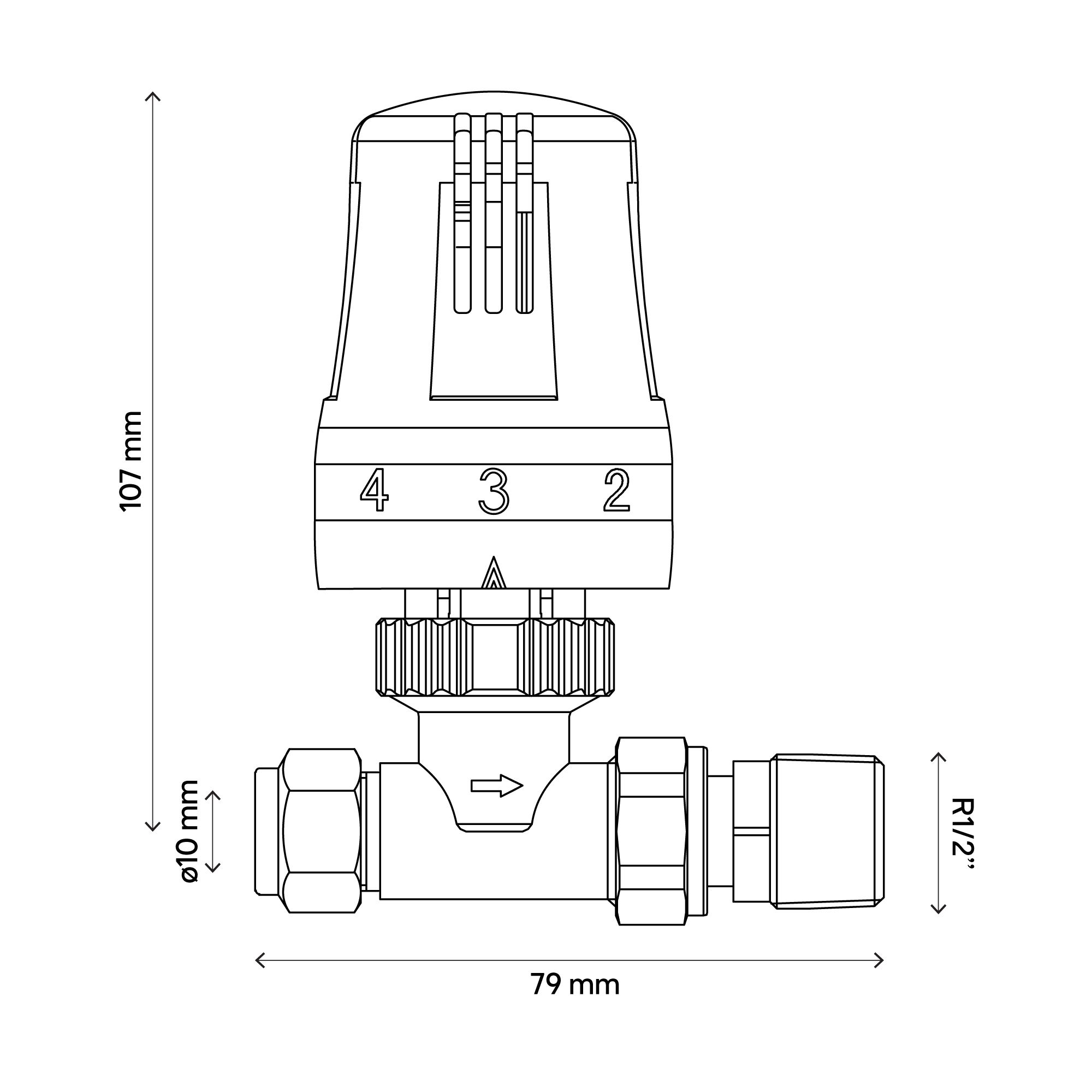 Flomasta Polished Straight Thermostatic Radiator valve (Dia)10mm x ½"