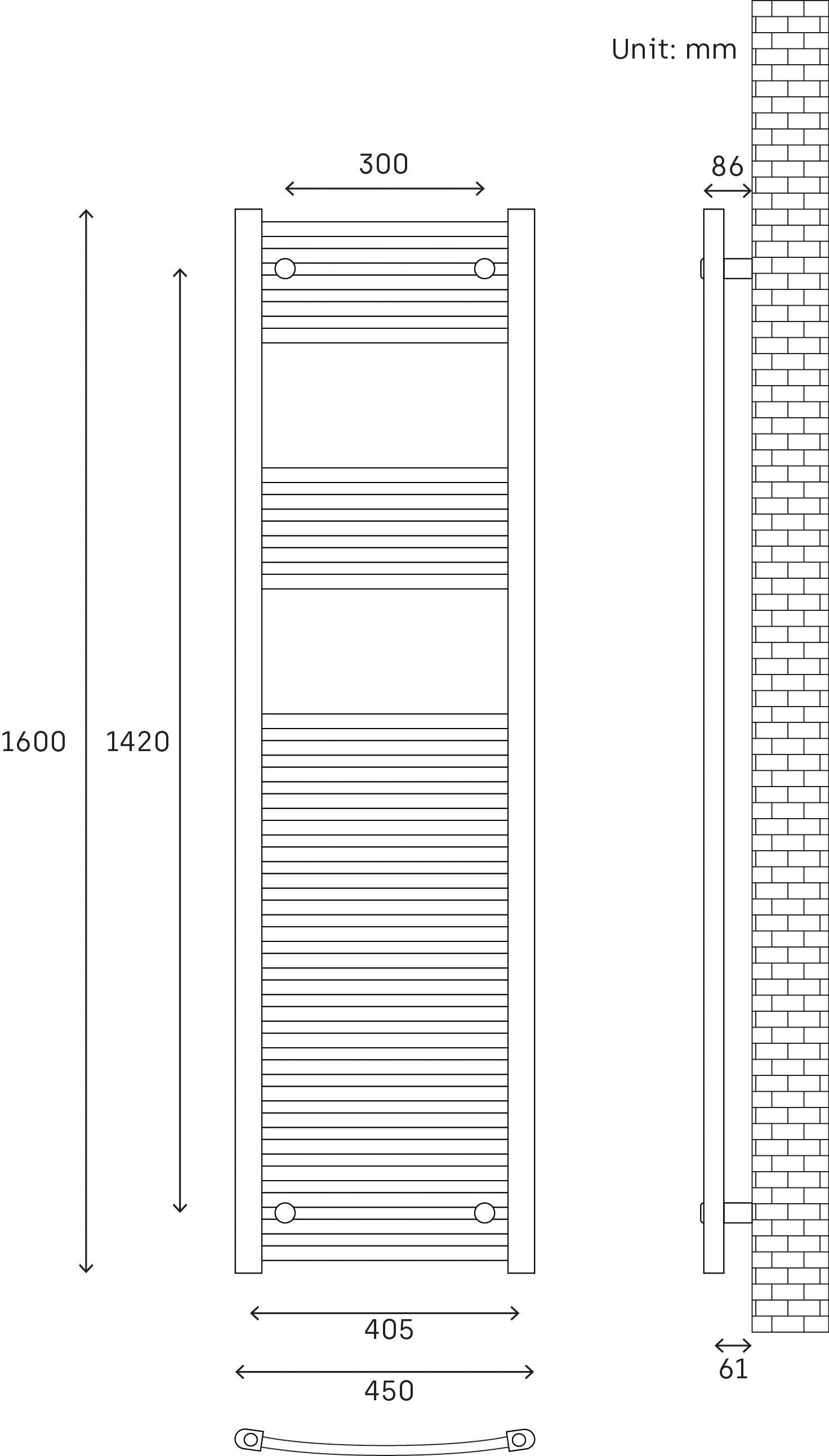 Flomasta, White Vertical Curved Towel radiator (W)450mm x (H)1600mm