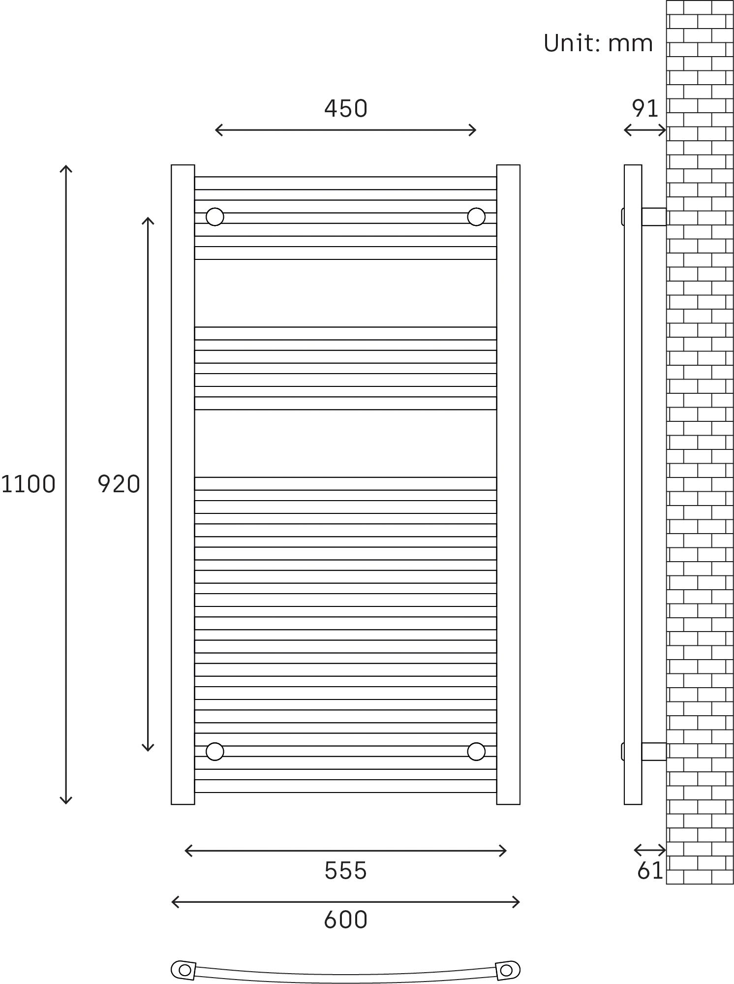 Flomasta, White Vertical Curved Towel radiator (W)600mm x (H)1100mm