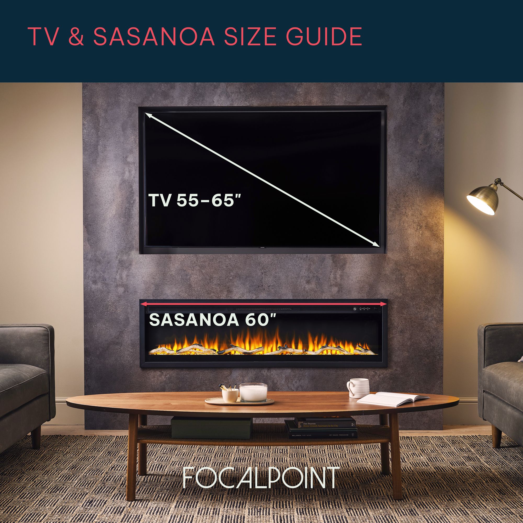 Focal Point Sasanoa 60" 1.5kW Matt Black Inset Electric Fire (H)455mm (W)1548mm (D)152mm